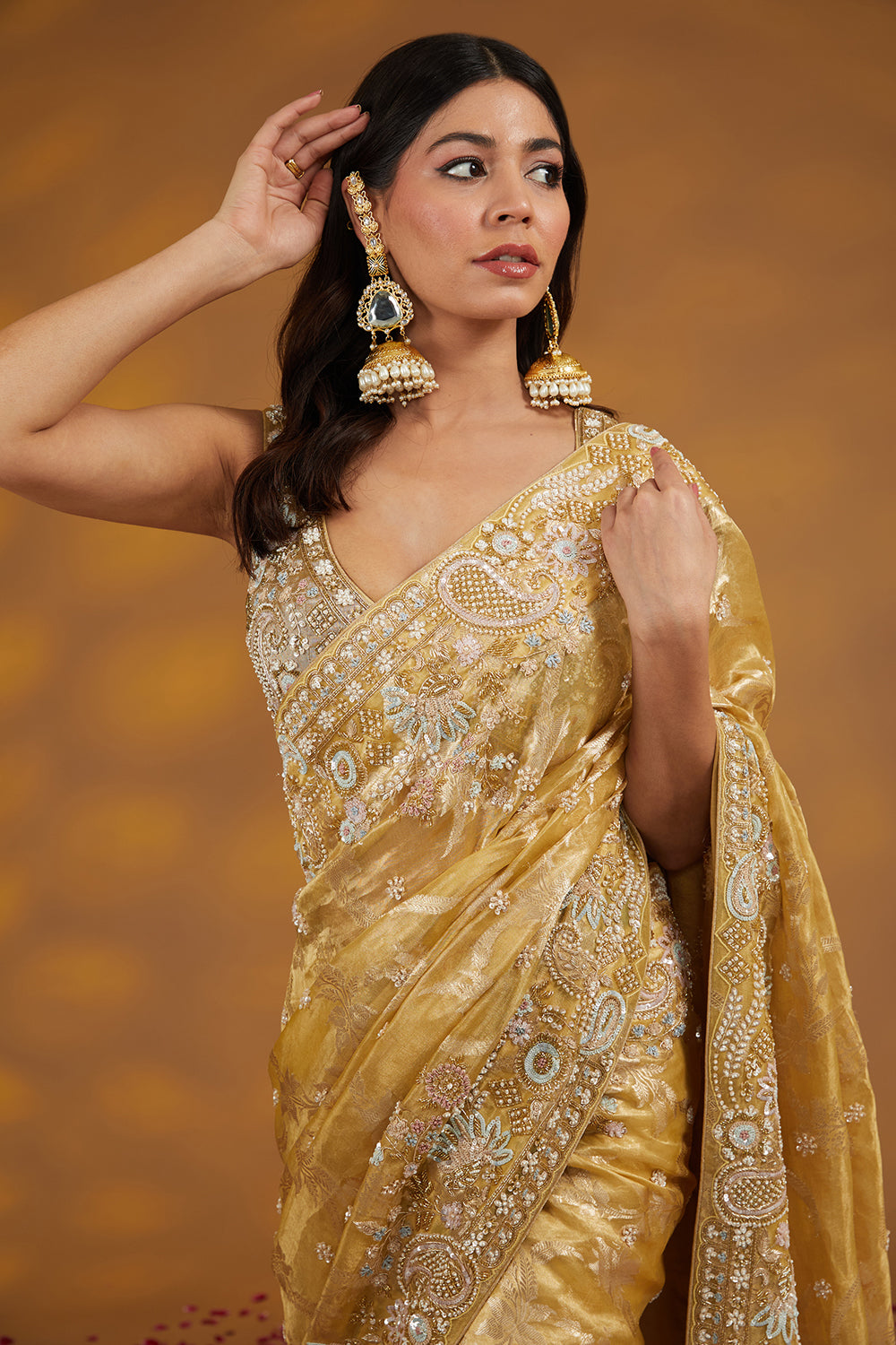 Gold Organza Tissue Hand Embroidered Saree Set - Auraya Fashion 