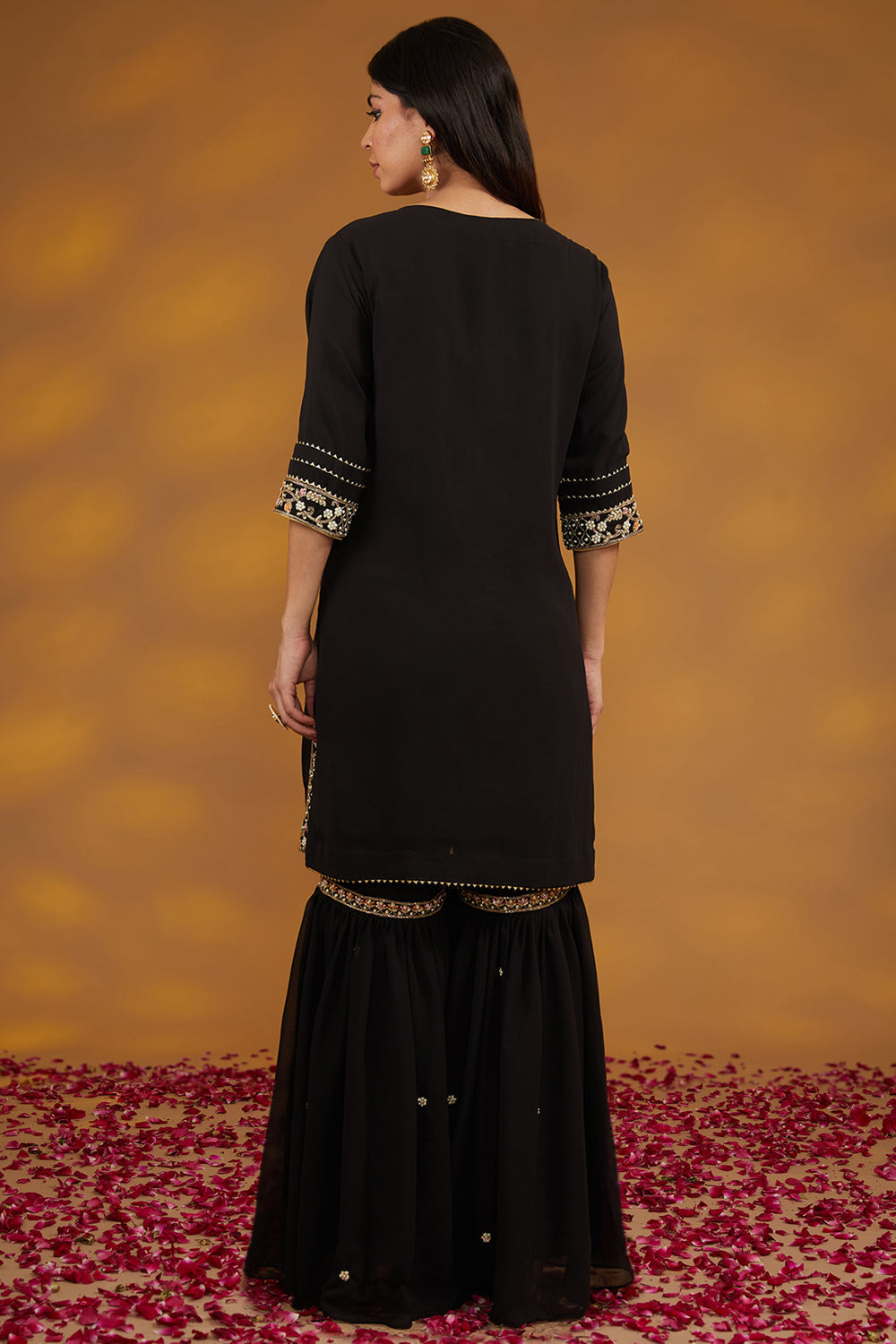 Black Georgette Hand Embroidered Kurta Suit Set - Auraya Fashion 