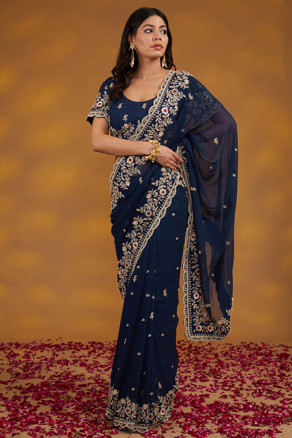 Blue Georgette Hand Embroidered Saree Set - Auraya Fashion - House of Supriya - 