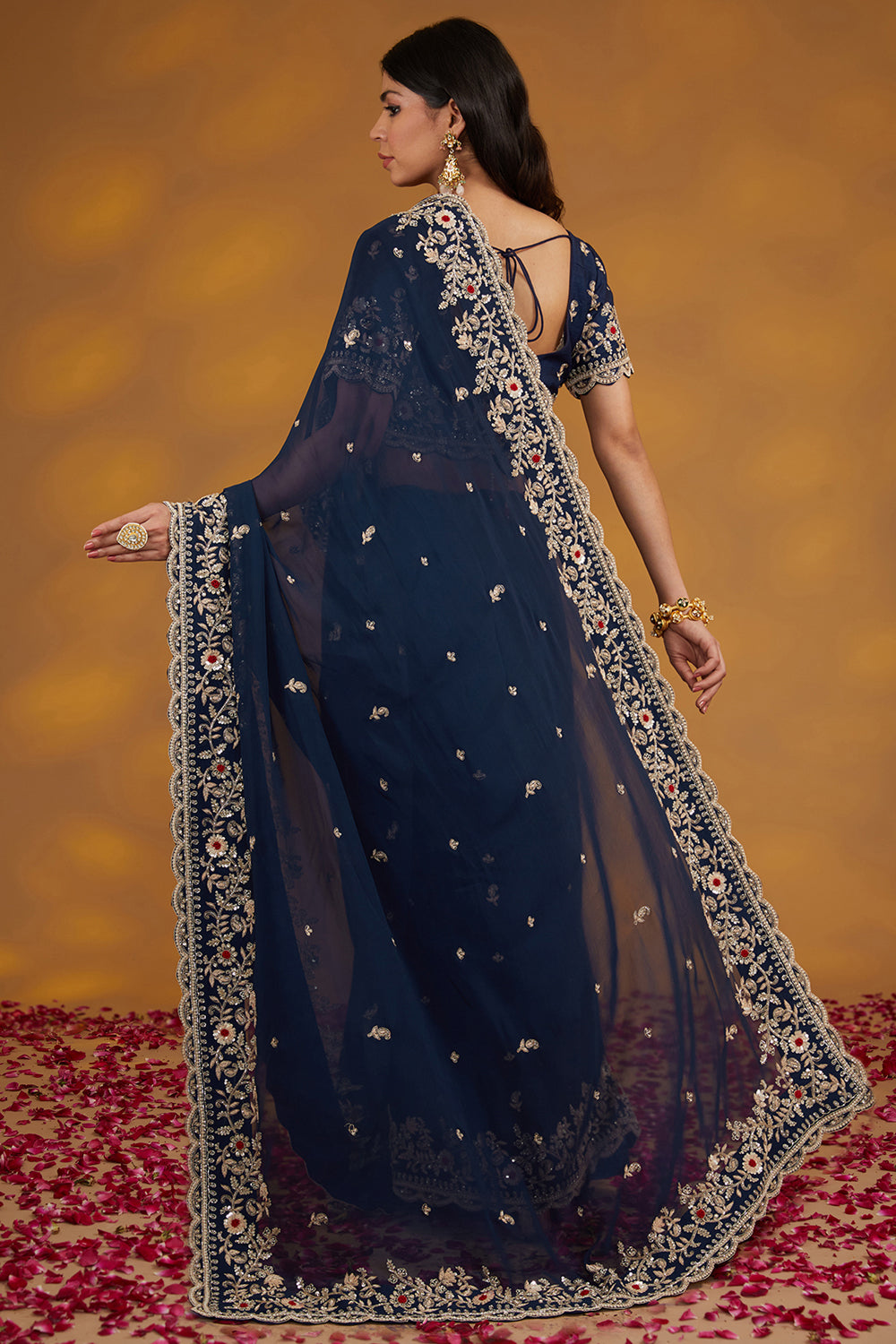 Blue Georgette Hand Embroidered Saree Set - Auraya Fashion 