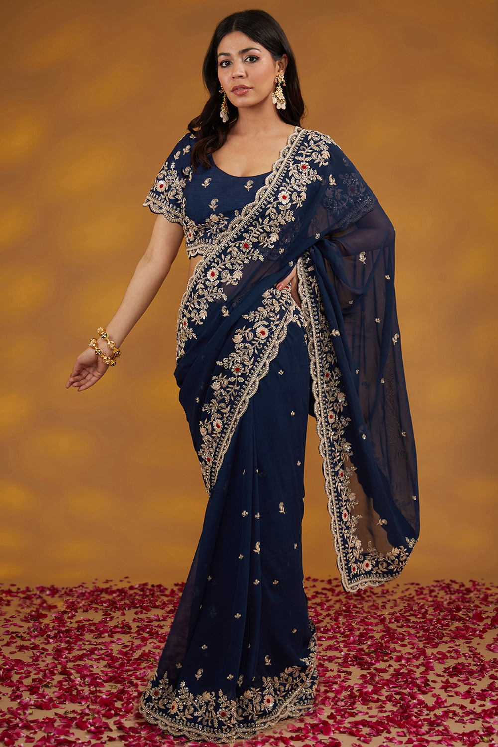 Blue Georgette Hand Embroidered Saree Set - Auraya Fashion 