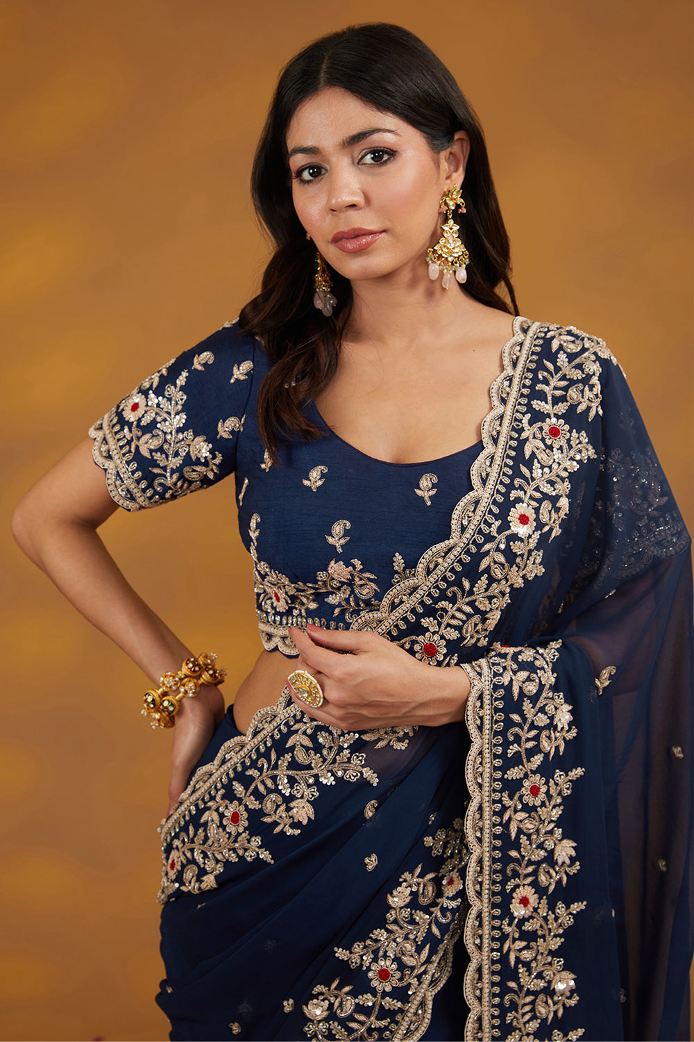 Blue Georgette Hand Embroidered Saree Set - Auraya Fashion 