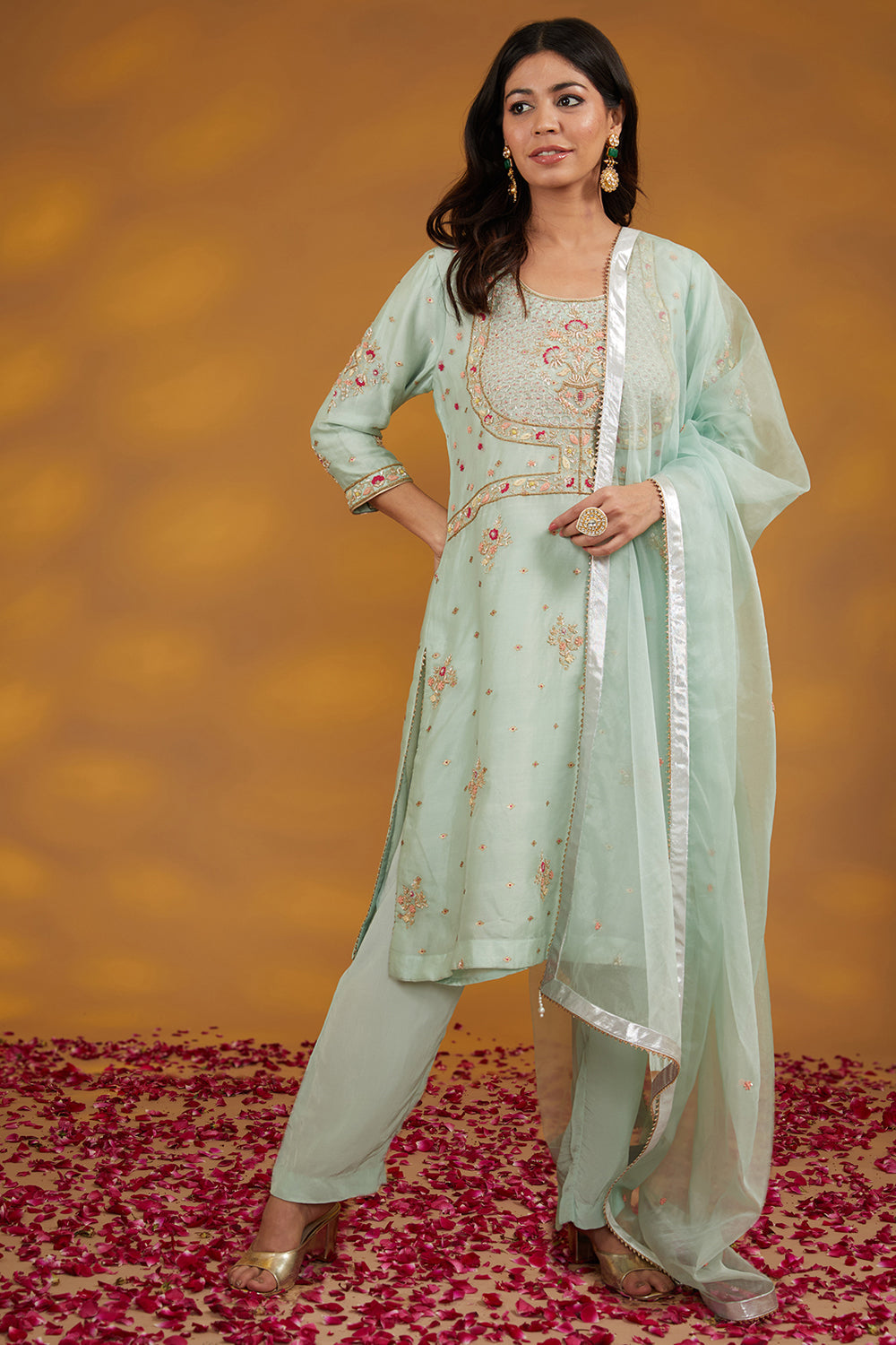 Blue Otganza Hand Embroidered Kurta Suit Set - Auraya Fashion - House of Supriya - 