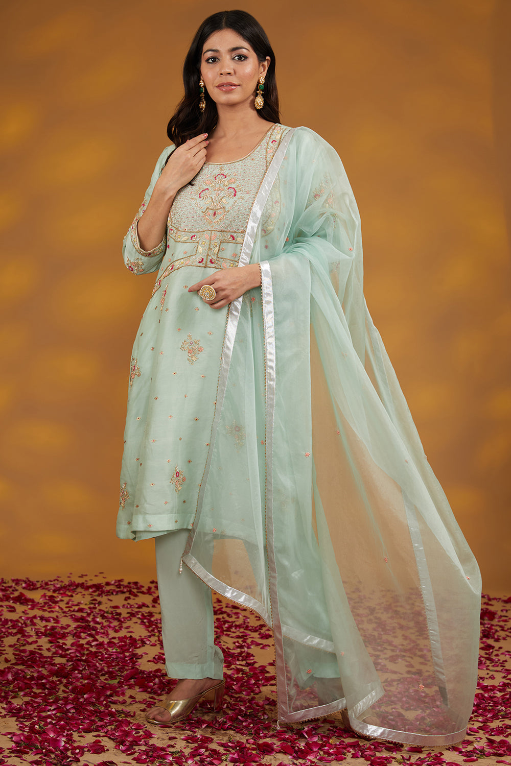 Blue Otganza Hand Embroidered Kurta Suit Set - Auraya Fashion 