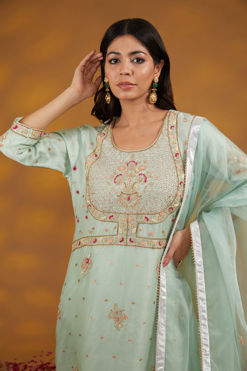 Blue Otganza Hand Embroidered Kurta Suit Set - Auraya Fashion 