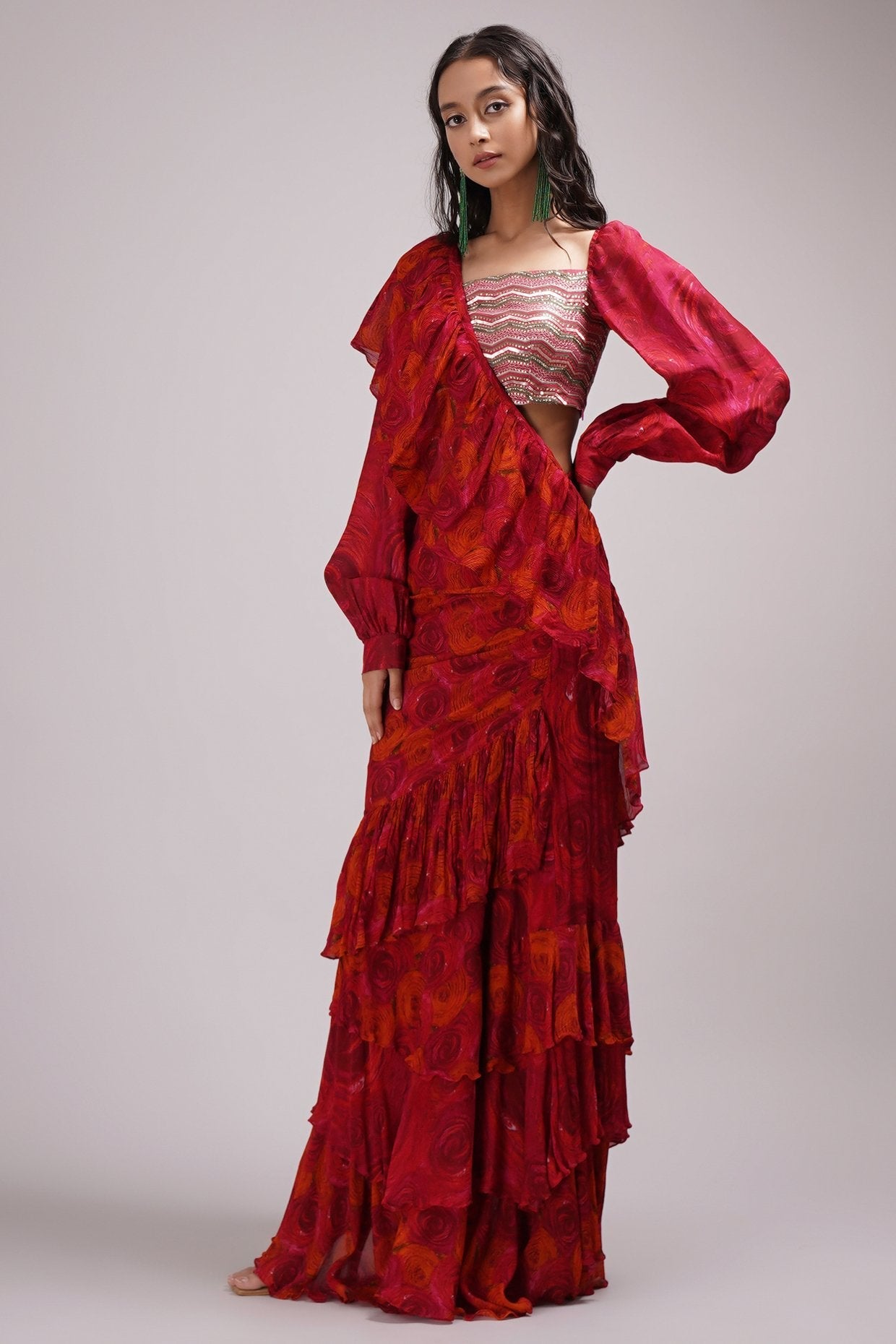 Square Neck Cuffed Volume Sleeve Blouse Draped Ruffle Saree