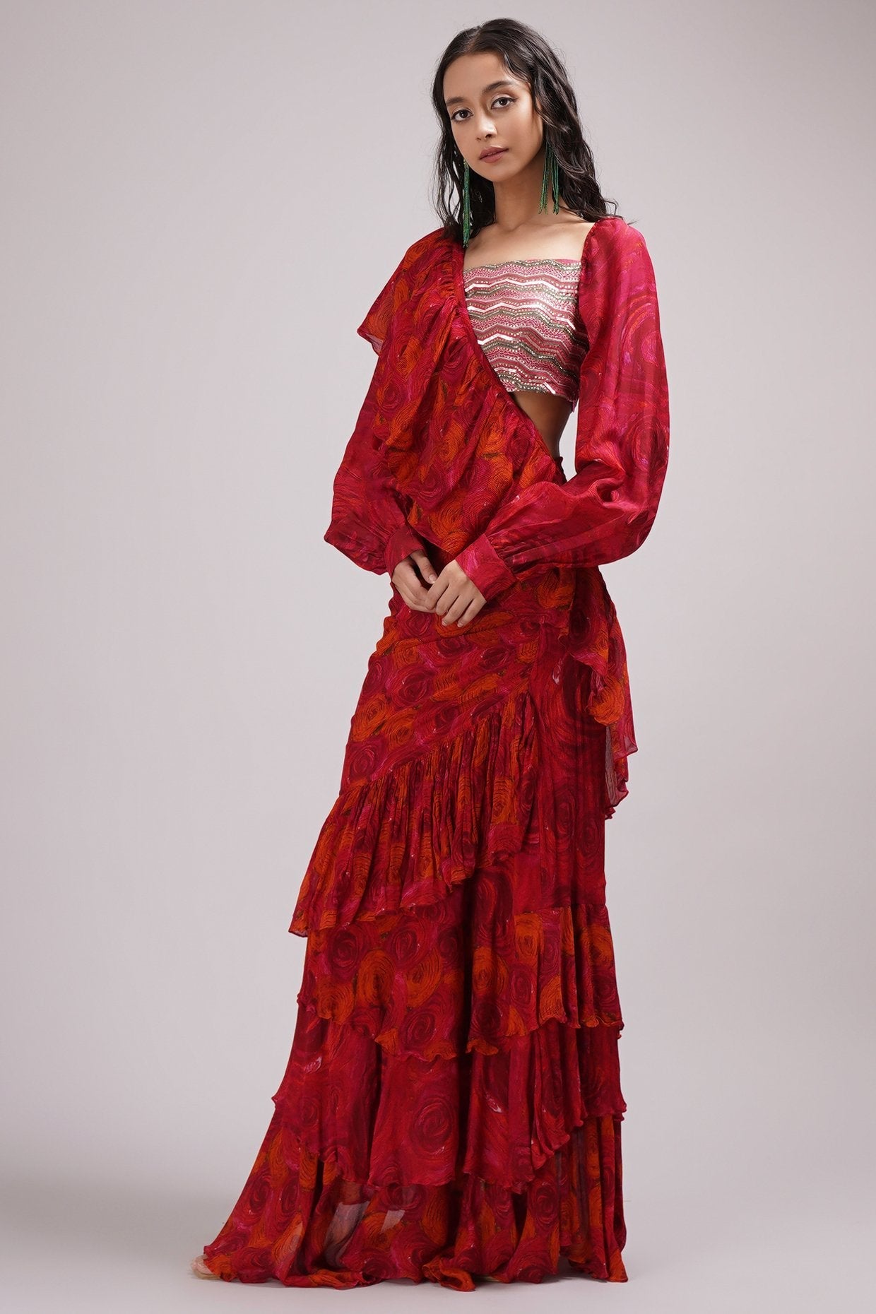 Square Neck Cuffed Volume Sleeve Blouse Draped Ruffle Saree
