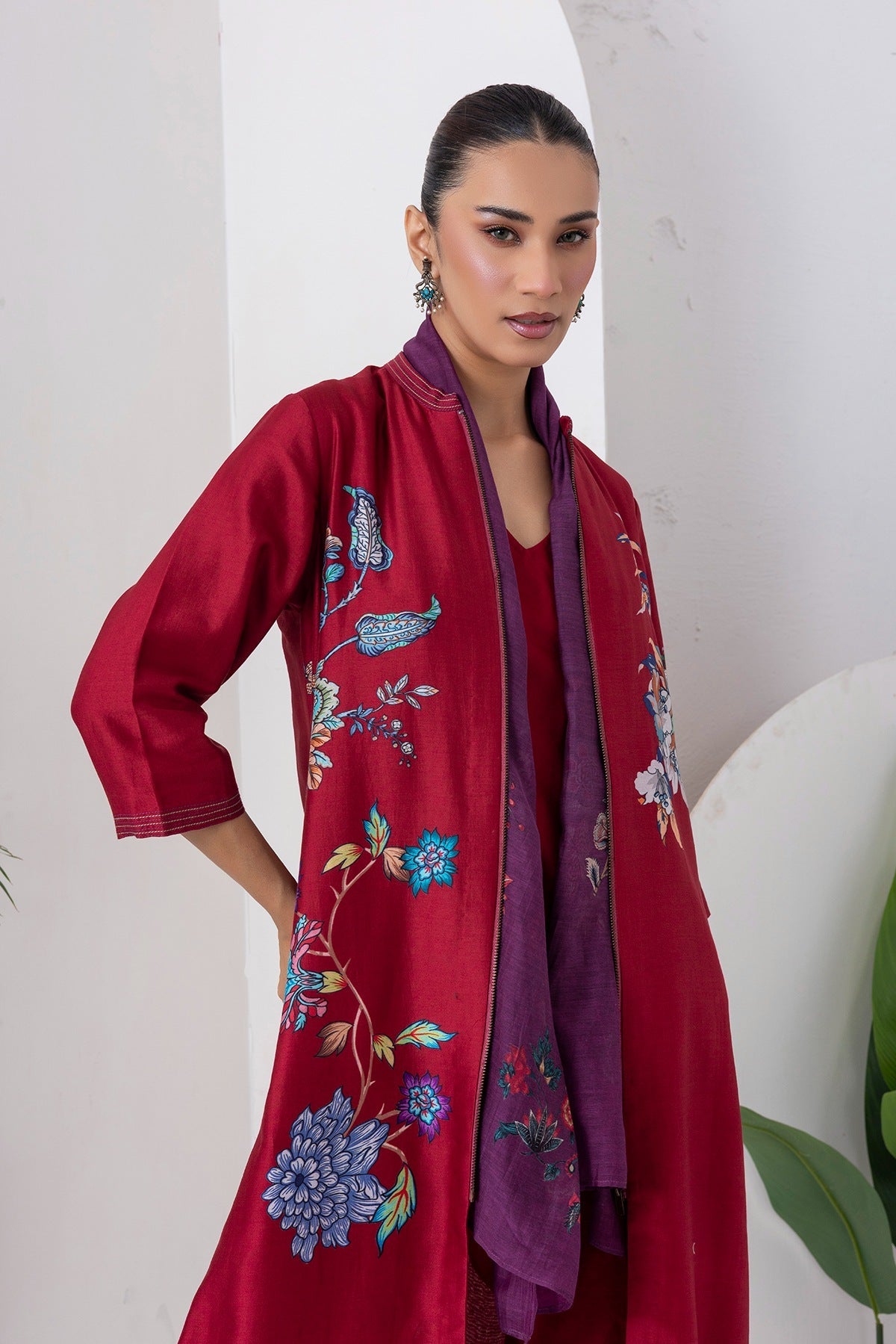 Maroon Silk Chanderi Floral Printed Front Open Dress Set (3 PCS)