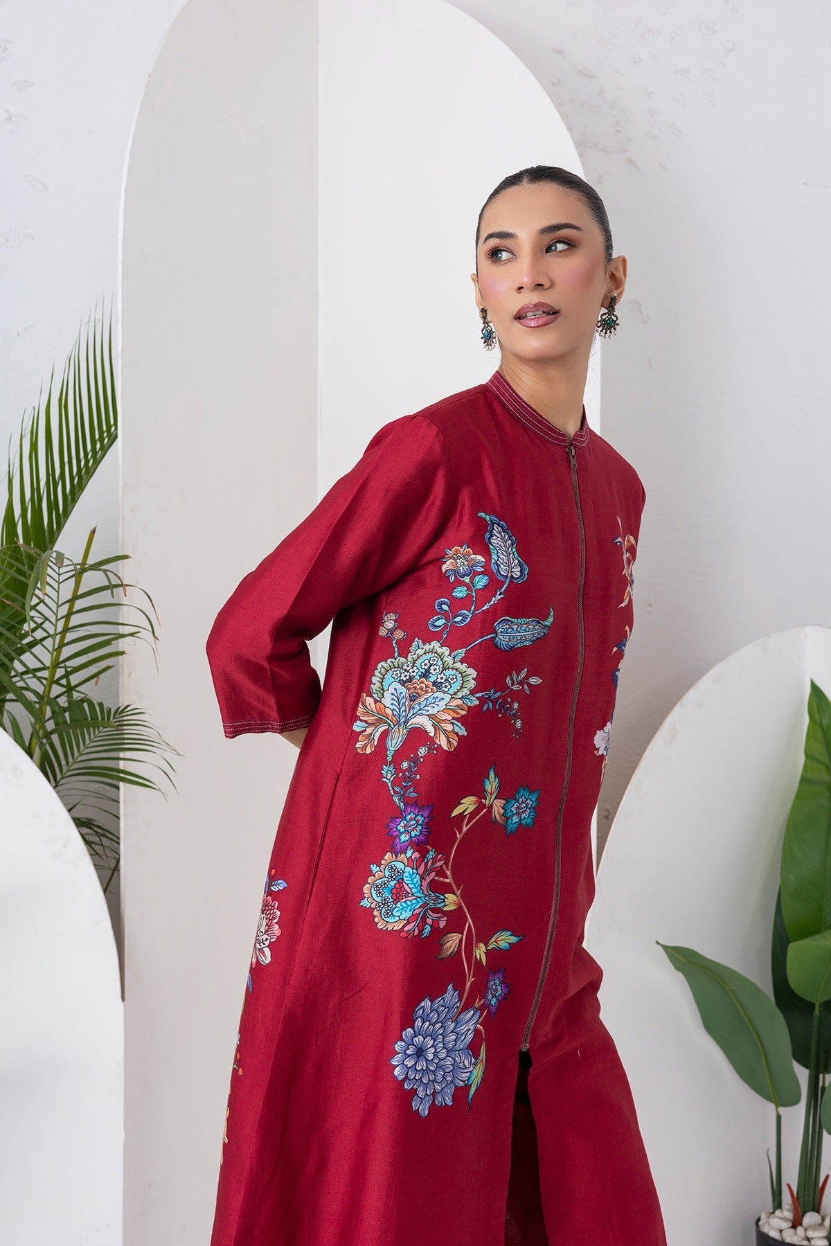 Maroon Silk Chanderi Floral Printed Front Open Dress Set (3 PCS)