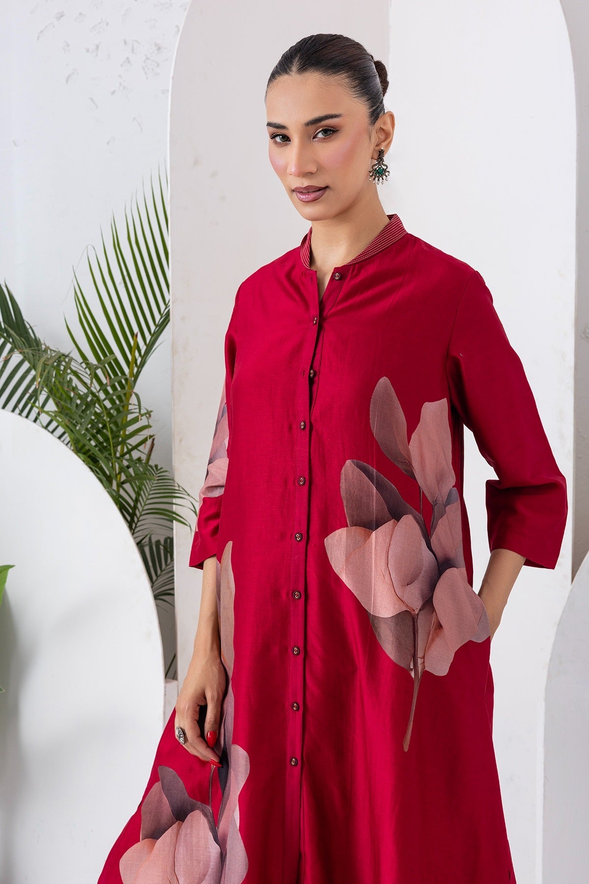 Maroon Silk Chanderi Leaf Printed Dress Set (3 PCS)