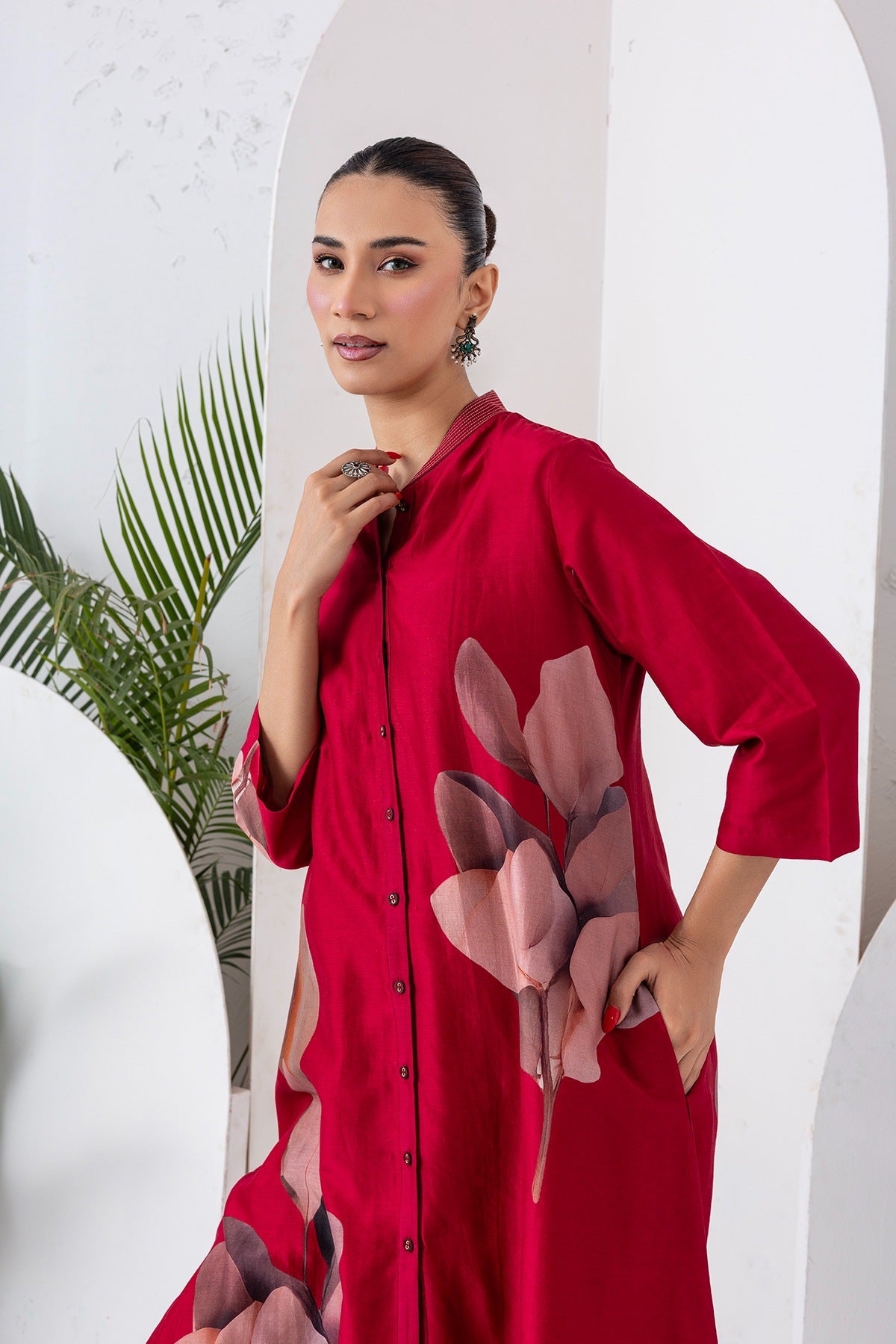 Maroon Silk Chanderi Leaf Printed Dress Set (3 PCS)