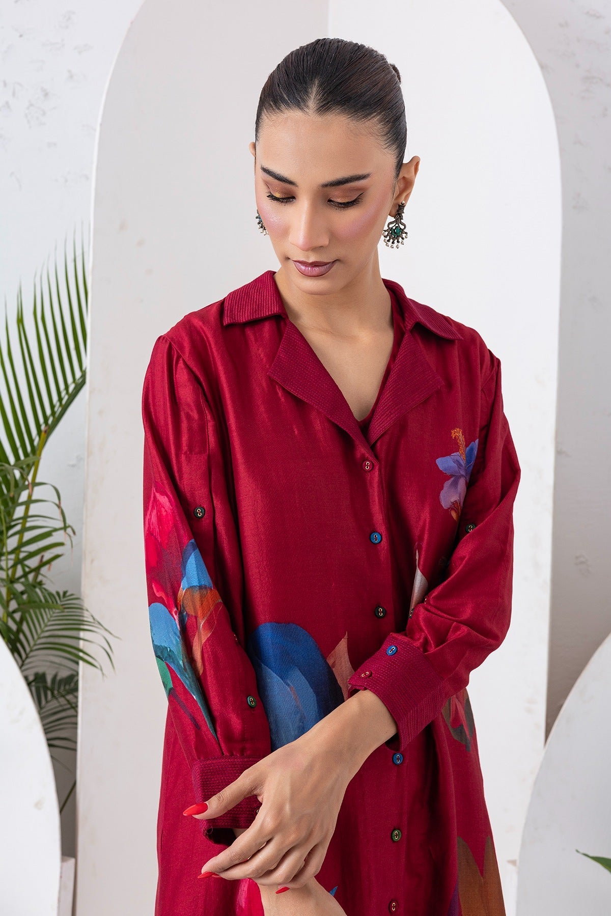 Red Viscose Dupion Printed Front Open Dress Set (3 PCS)