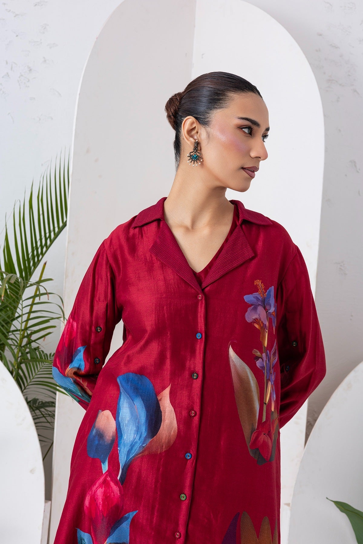 Red Viscose Dupion Printed Front Open Dress Set (3 PCS)