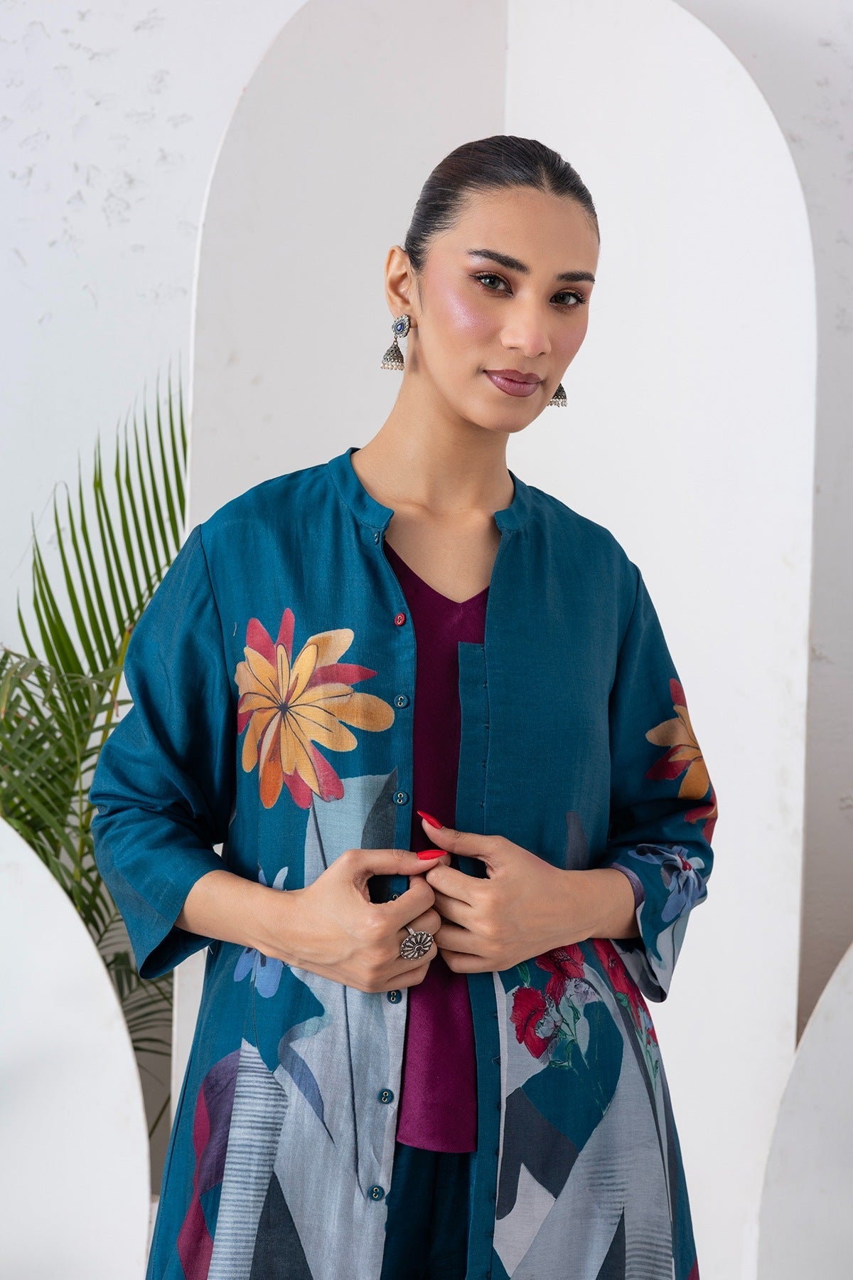 Indigo Silk Chanderi Printed High-Low Dress Set (3 PCS)