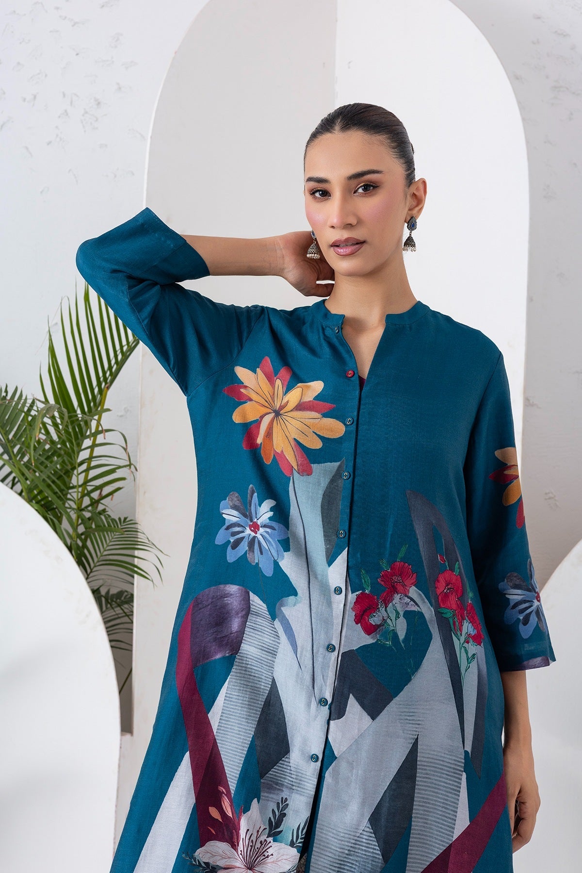 Indigo Silk Chanderi Printed High-Low Dress Set (3 PCS)