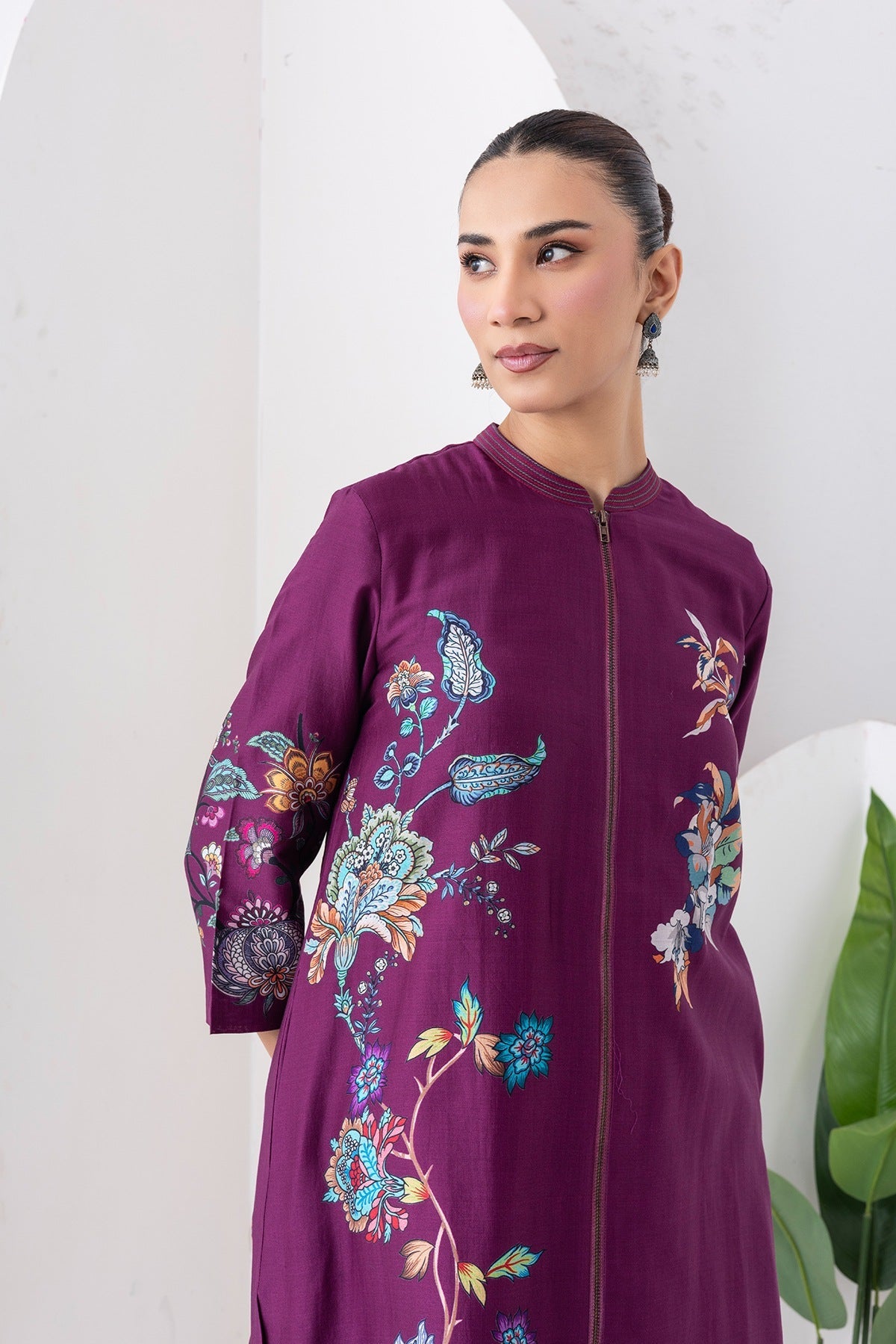 Wine Silk Chanderi Floral Printed Front Open Dress Set (3 PCS)