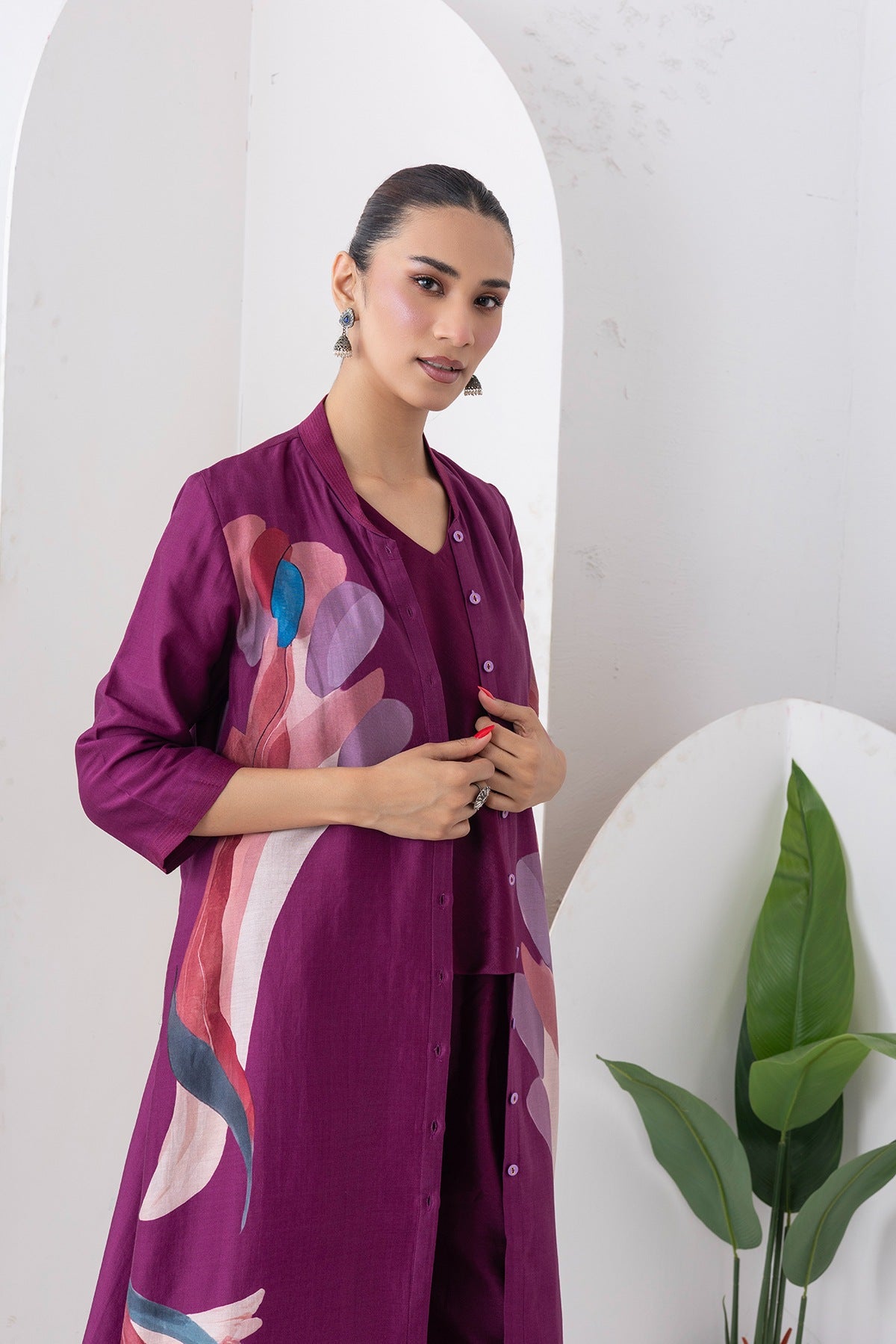 Wine Silk Chanderi Printed Dress Set (3 PCS)
