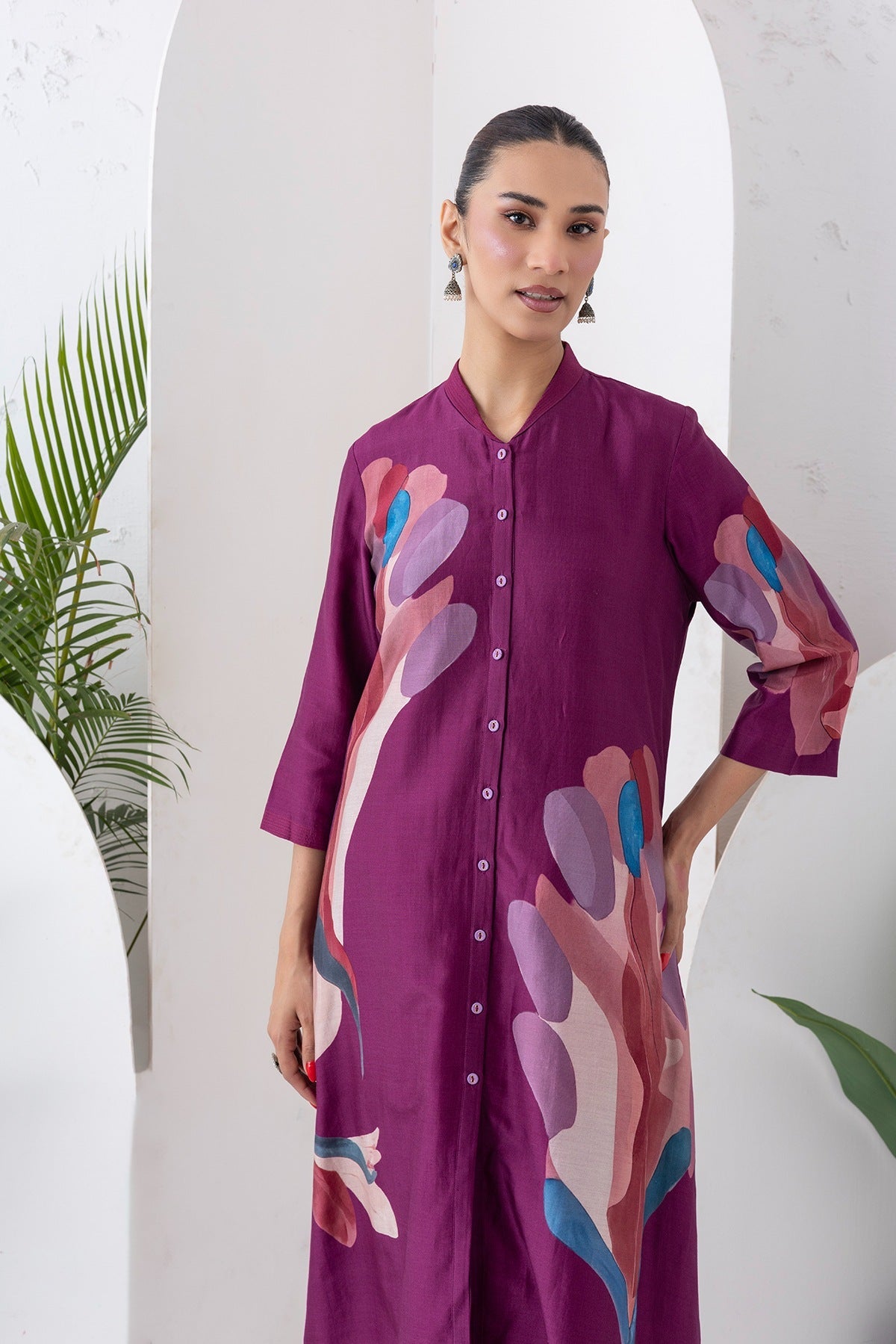 Wine Silk Chanderi Printed Dress Set (3 PCS)