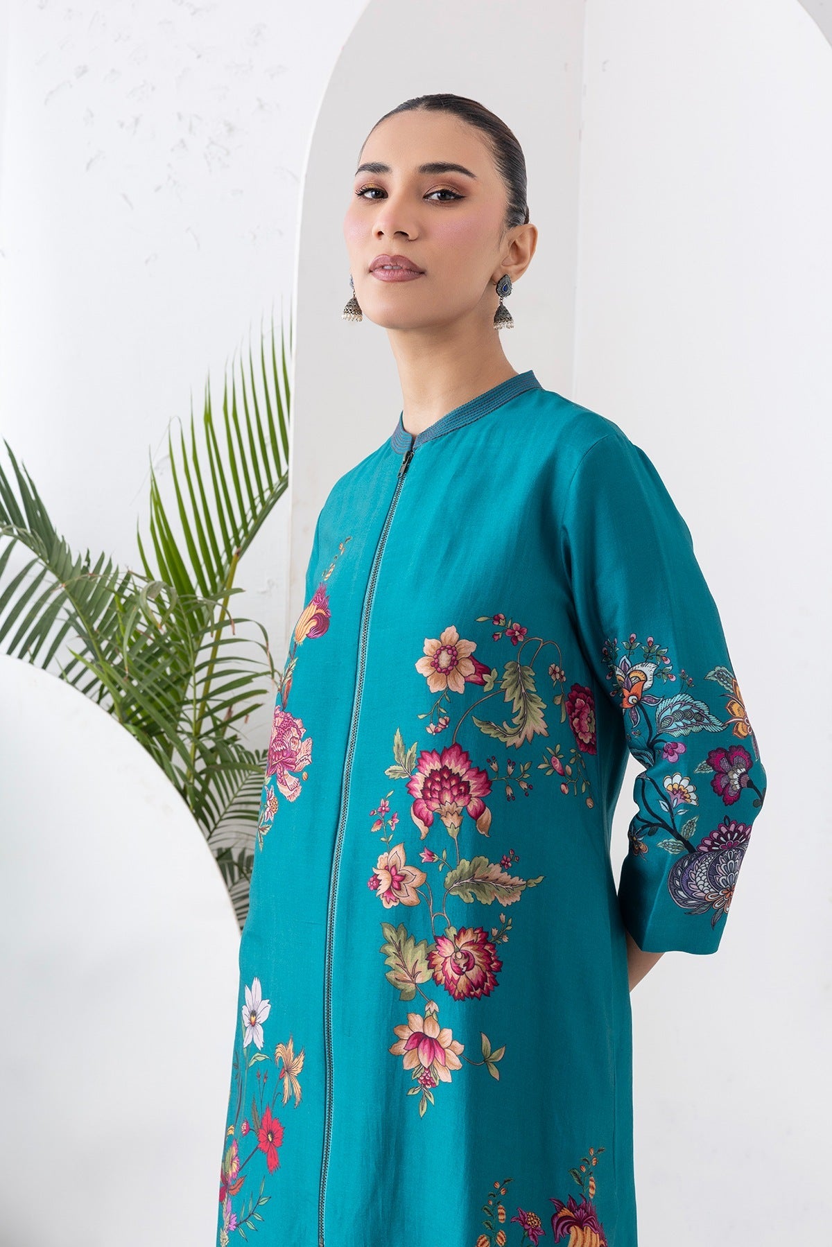 Emerald Silk Chanderi Floral Printed Front-Zip Dress Set (3 PCS)
