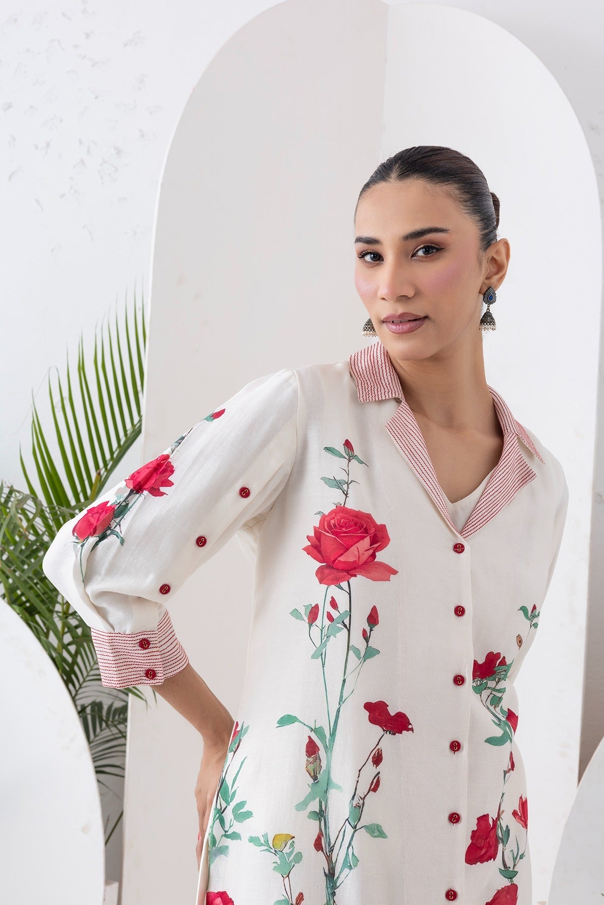 Ivory Silk Chanderi Front Open Printed Dress Set (3 PCS)