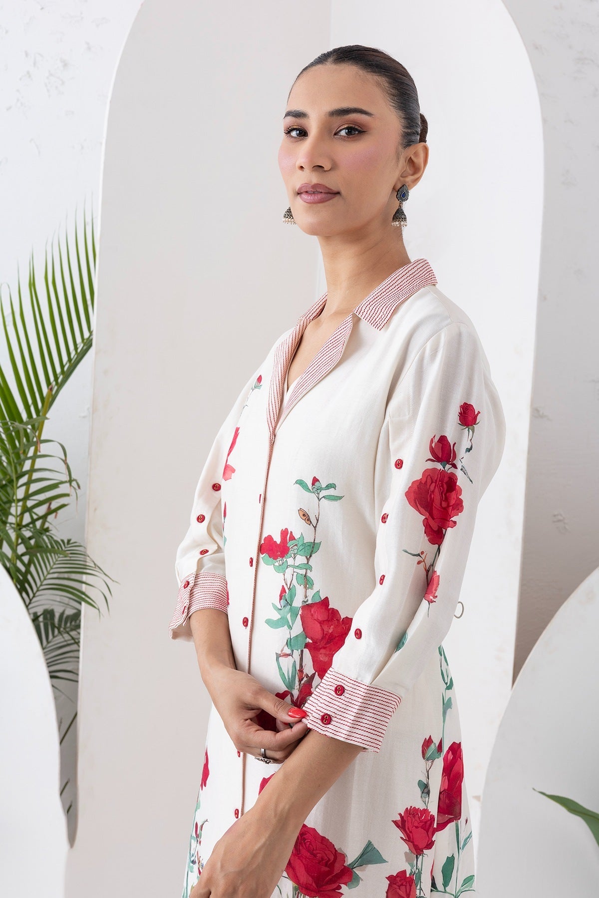 Ivory Silk Chanderi Front Open Printed Dress Set (3 PCS)