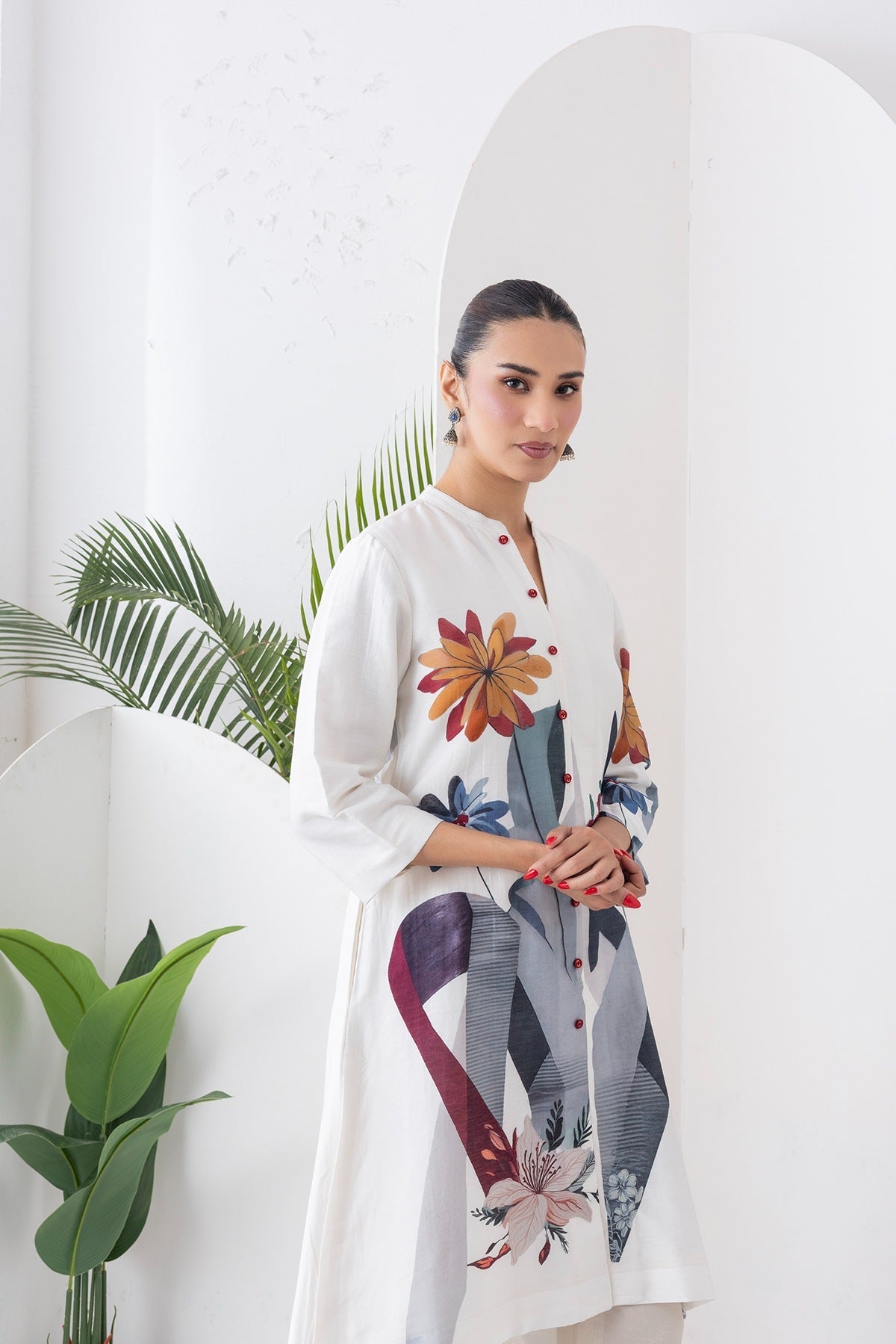 Ivory Silk Chanderi Printed High-Low Dress Set (3 PCS)