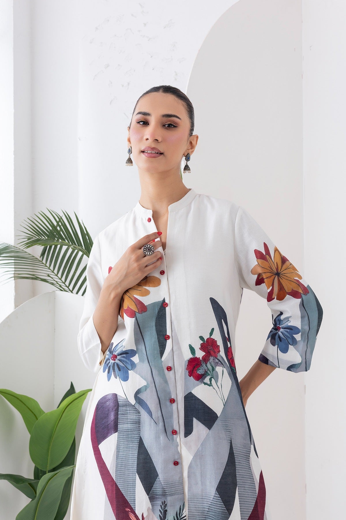 Ivory Silk Chanderi Printed High-Low Dress Set (3 PCS)