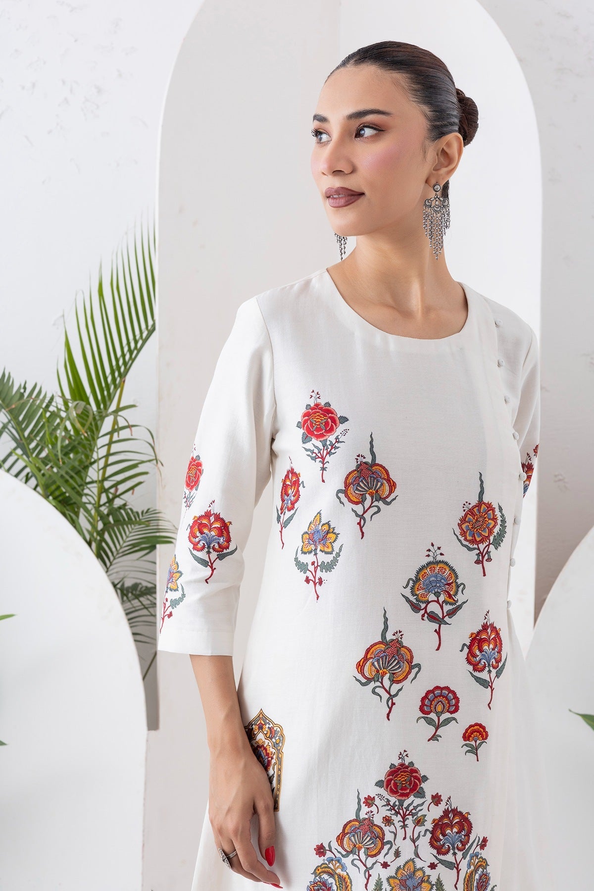 Ivory Silk Chanderi Printed Side Panel Dress Set (2 PCS)