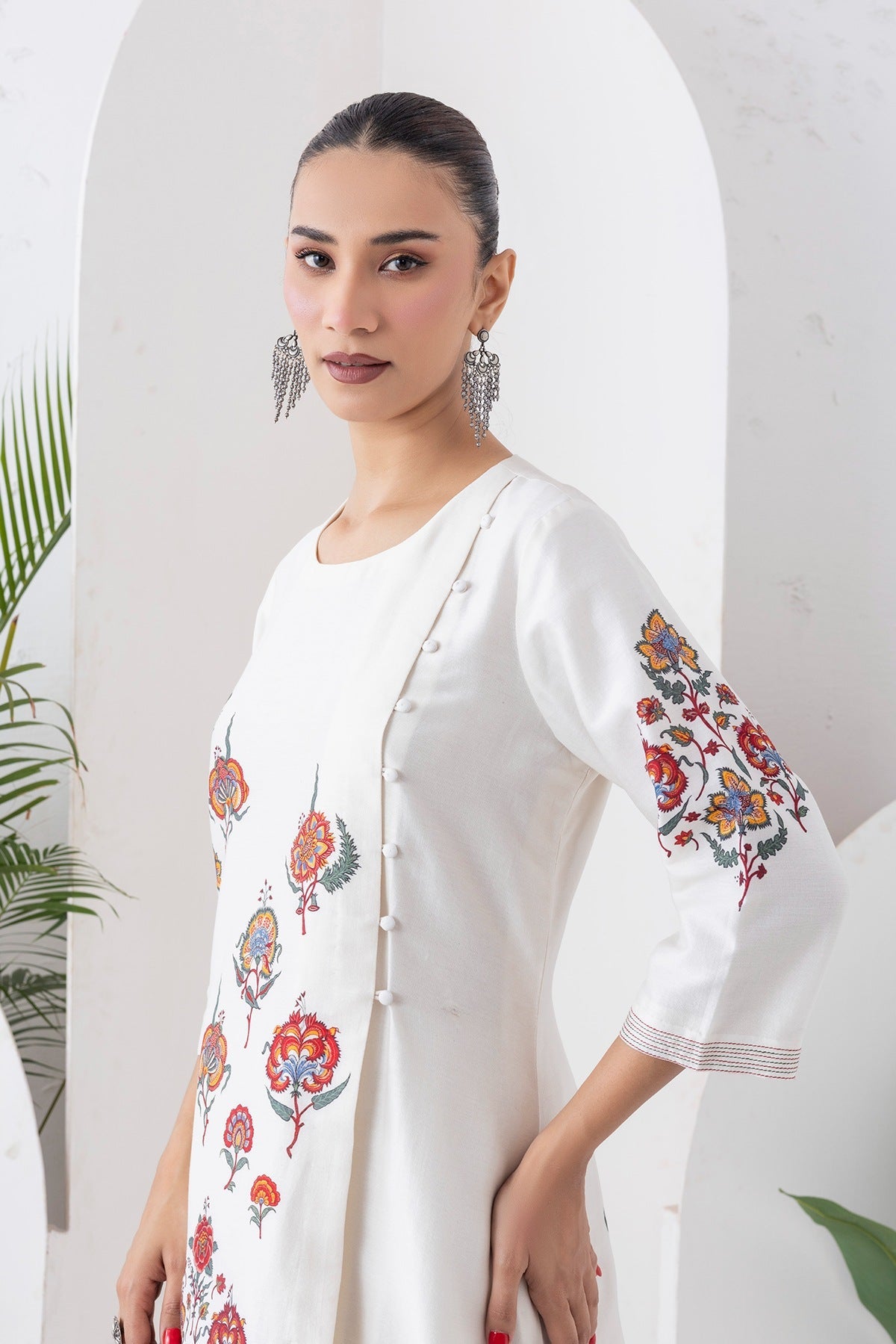 Ivory Silk Chanderi Printed Side Panel Dress Set (2 PCS)