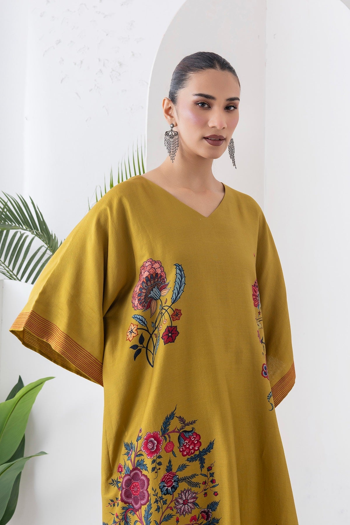 Mustard Silk Chanderi Chintz Printed Kaftan Set (2 PCS)