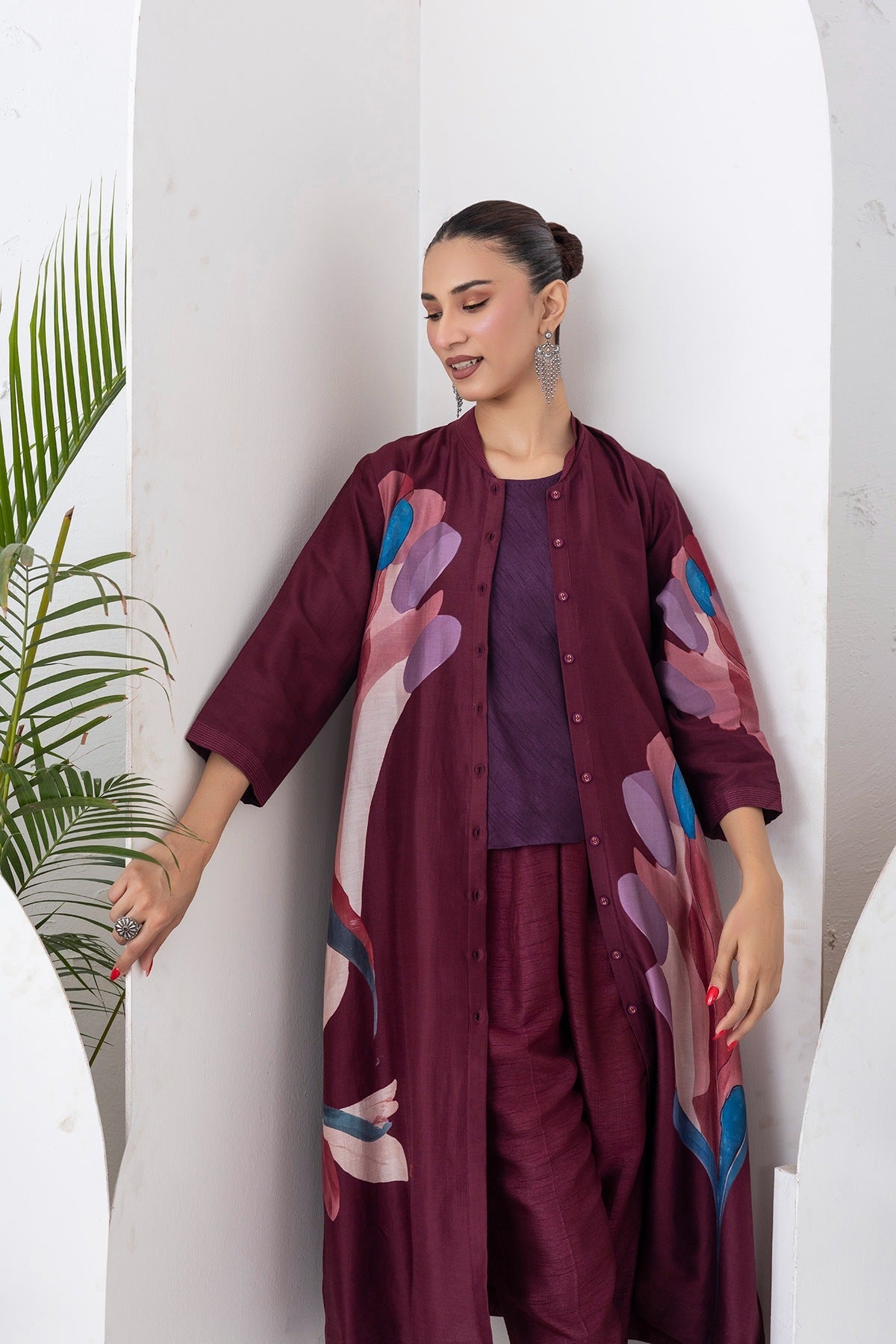 Chocolate Brown Silk Chanderi Printed Dress Set (3 PCS)