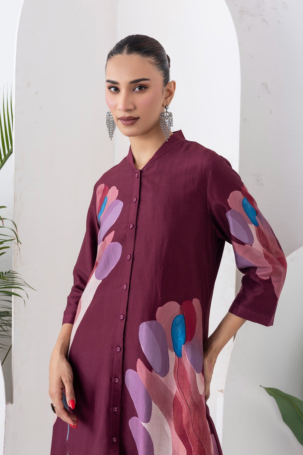 Chocolate Brown Silk Chanderi Printed Dress Set (3 PCS)