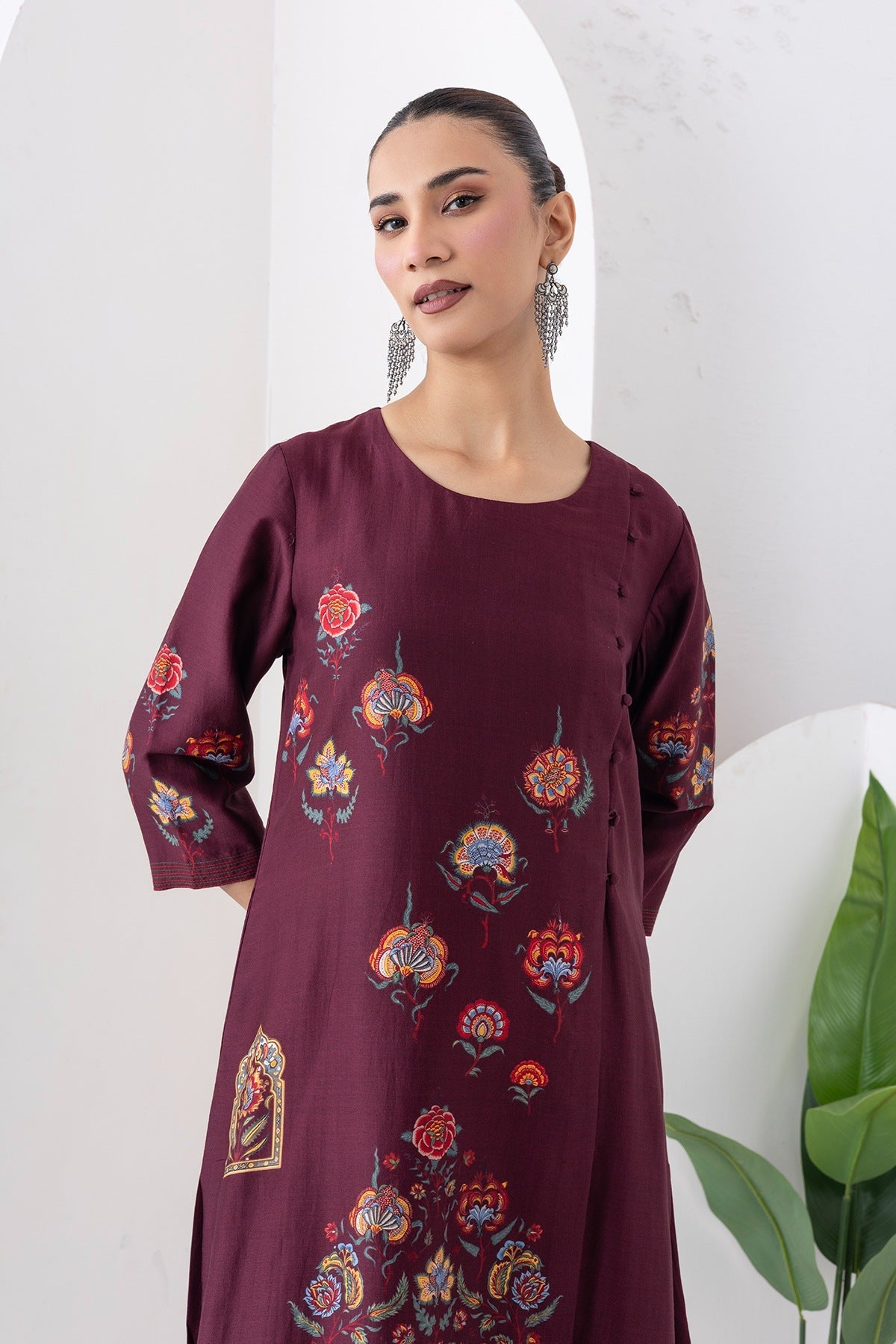 Chocolate Brown Silk Chanderi Printed Side Panel Dress Set (2 PCS)