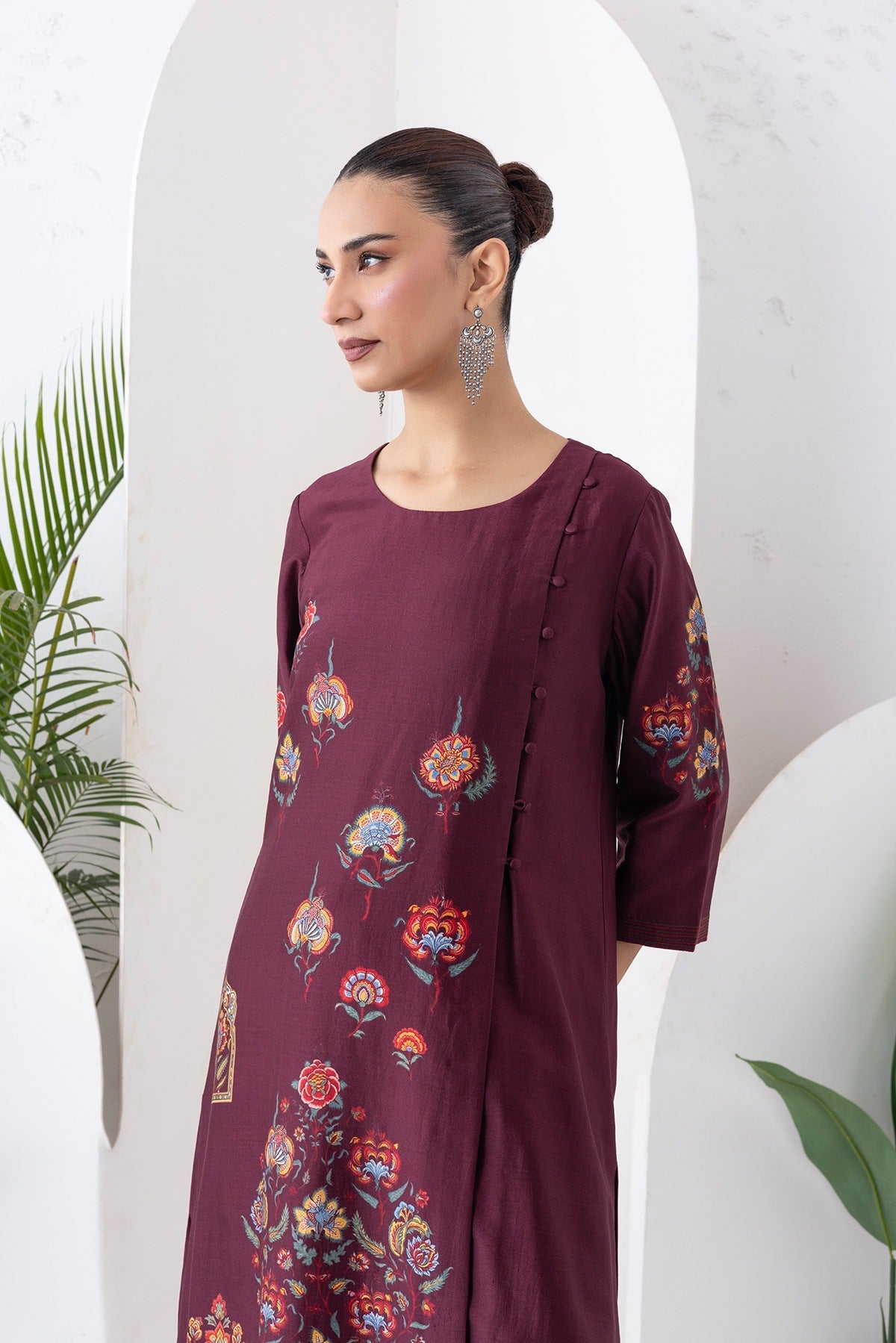 Chocolate Brown Silk Chanderi Printed Side Panel Dress Set (2 PCS)