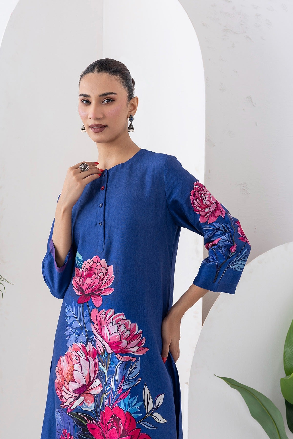 Cobalt Blue Silk Chanderi Printed Dress Set (2 PCS)
