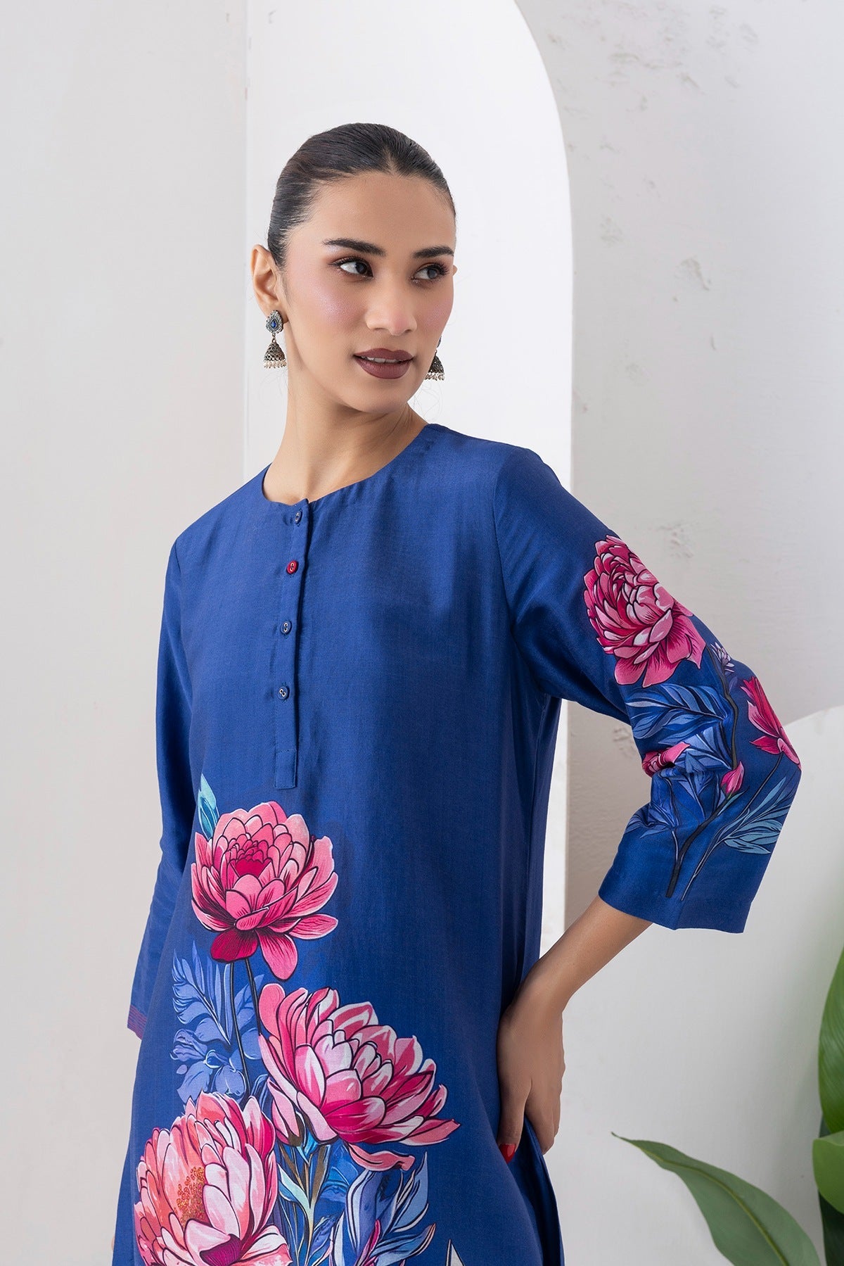 Cobalt Blue Silk Chanderi Printed Dress Set (2 PCS)