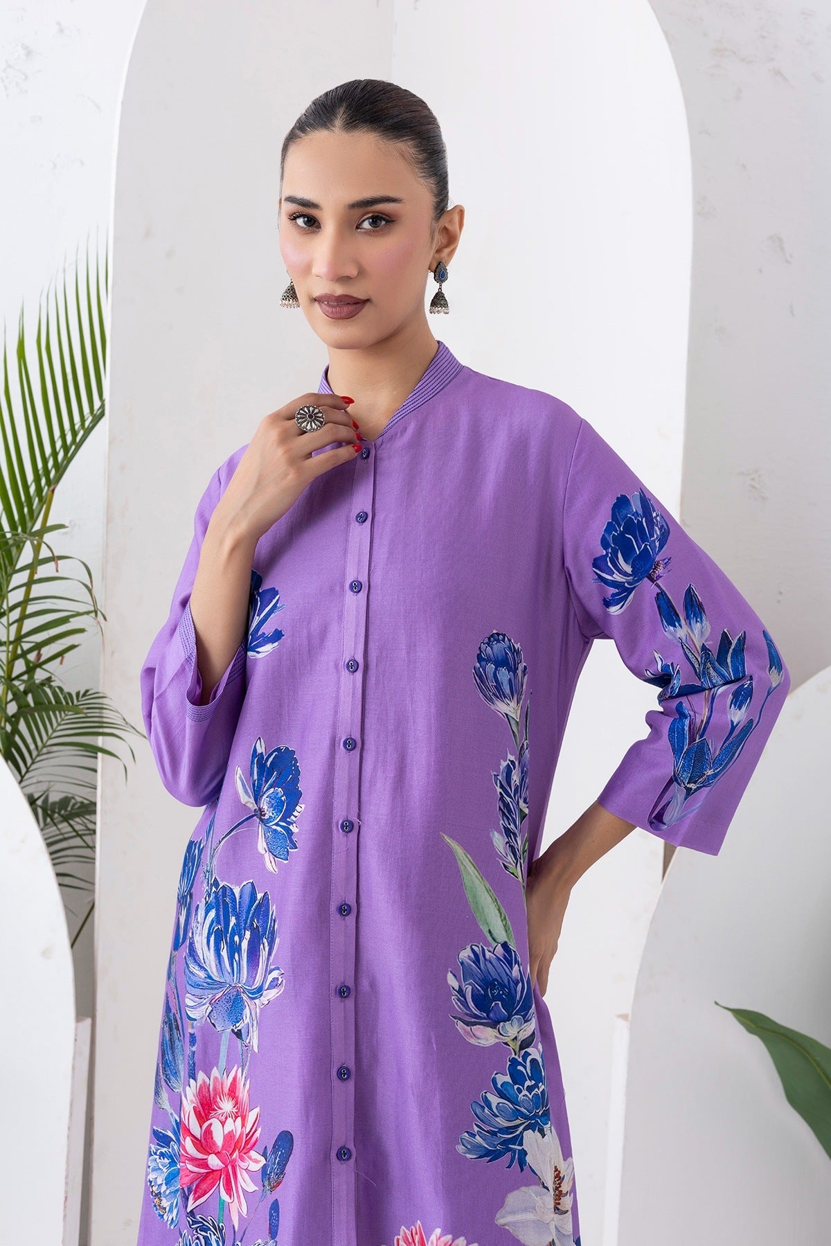 Lavender Silk Chanderi Front Open Printed Dress Set (3 PCS)