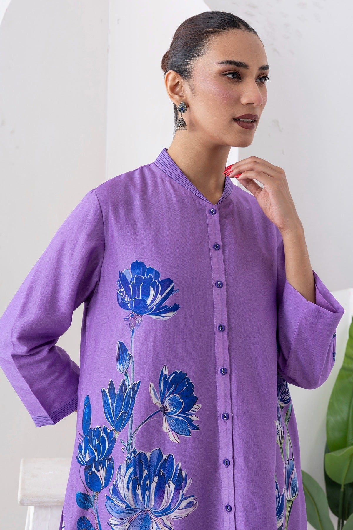 Lavender Silk Chanderi Front Open Printed Dress Set (3 PCS)
