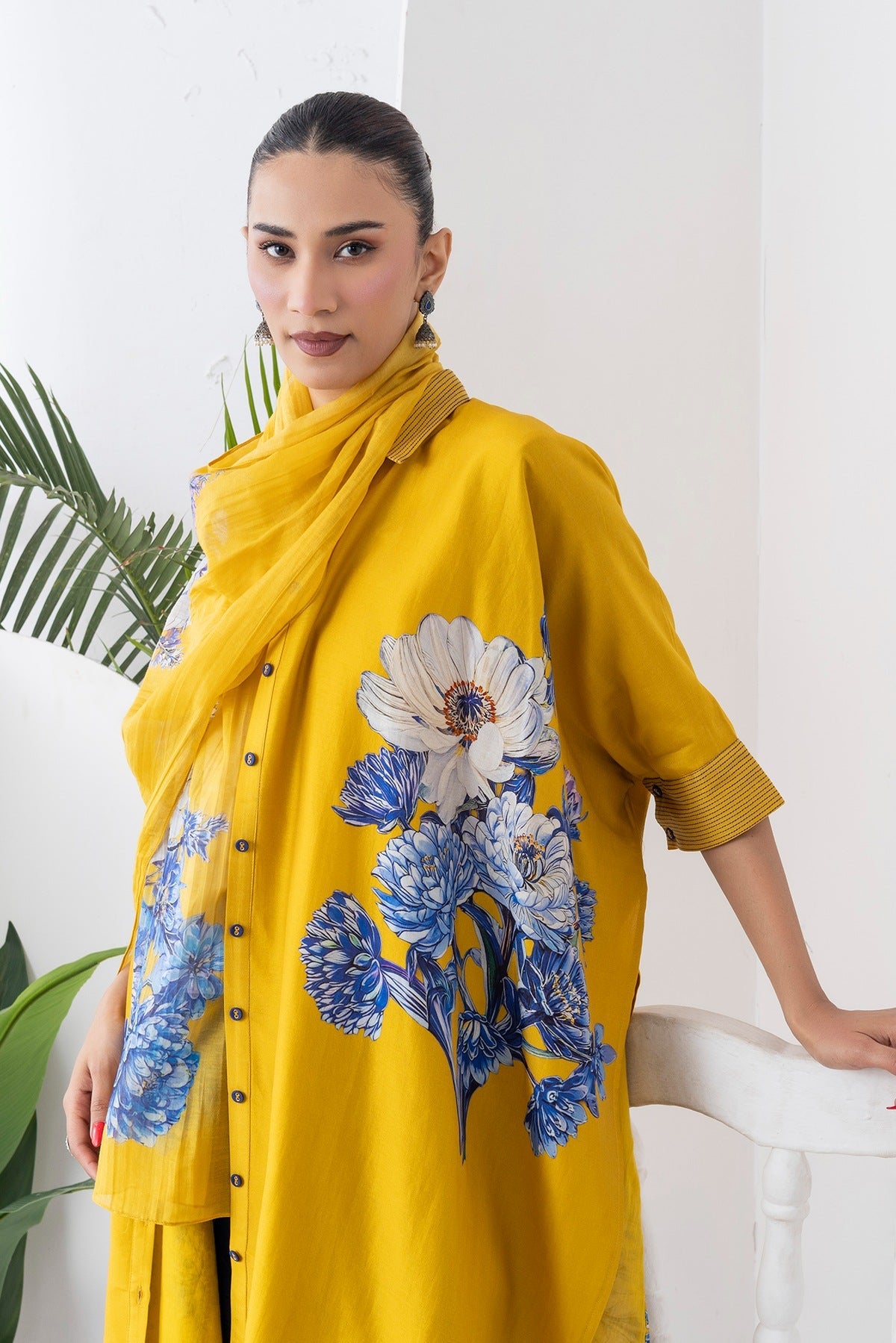 Yellow Silk Chanderi Front Open Kaftan Style Printed Dress Set (3 PCS)