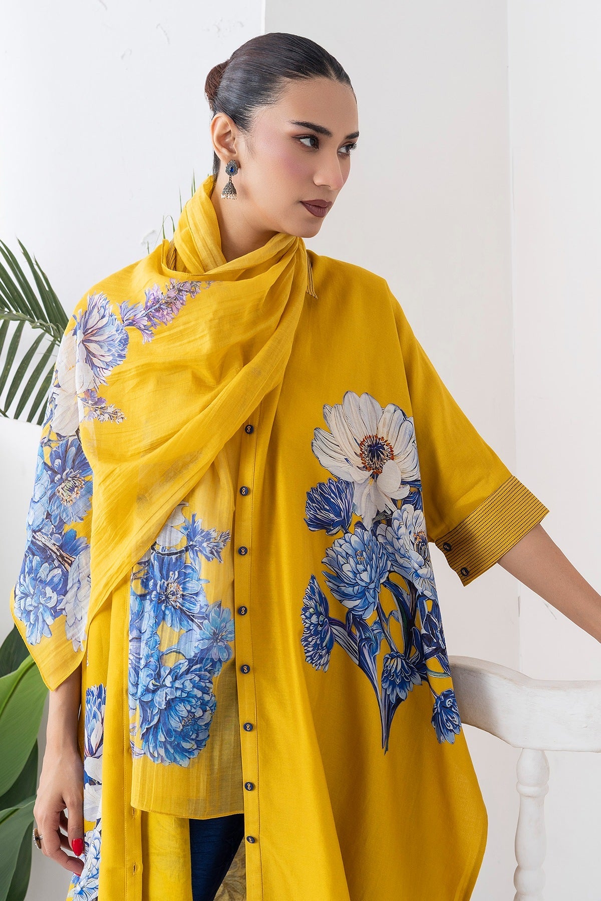 Yellow Silk Chanderi Front Open Kaftan Style Printed Dress Set (3 PCS)