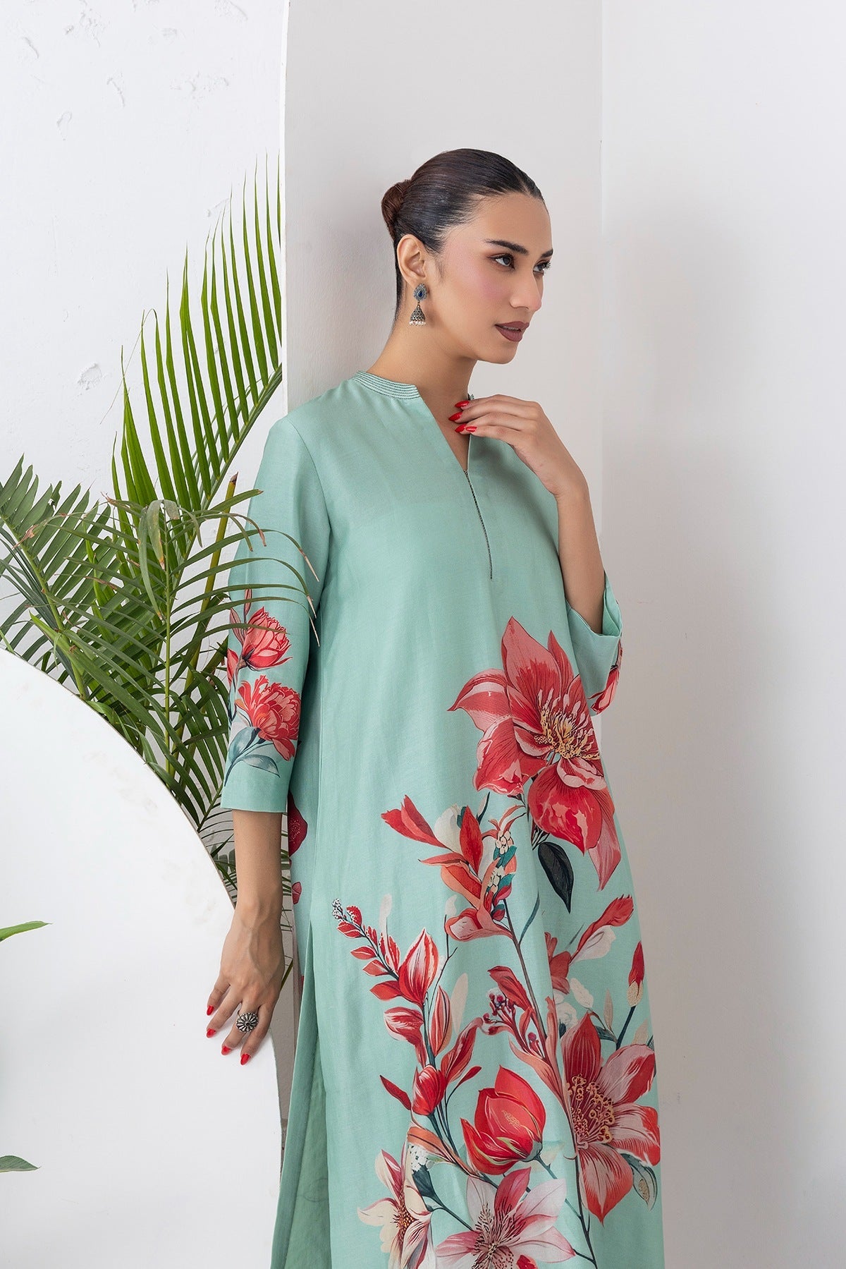 Mint Green Silk Chanderi Bloom-Inspired Printed Tunic Set (2 PCS)