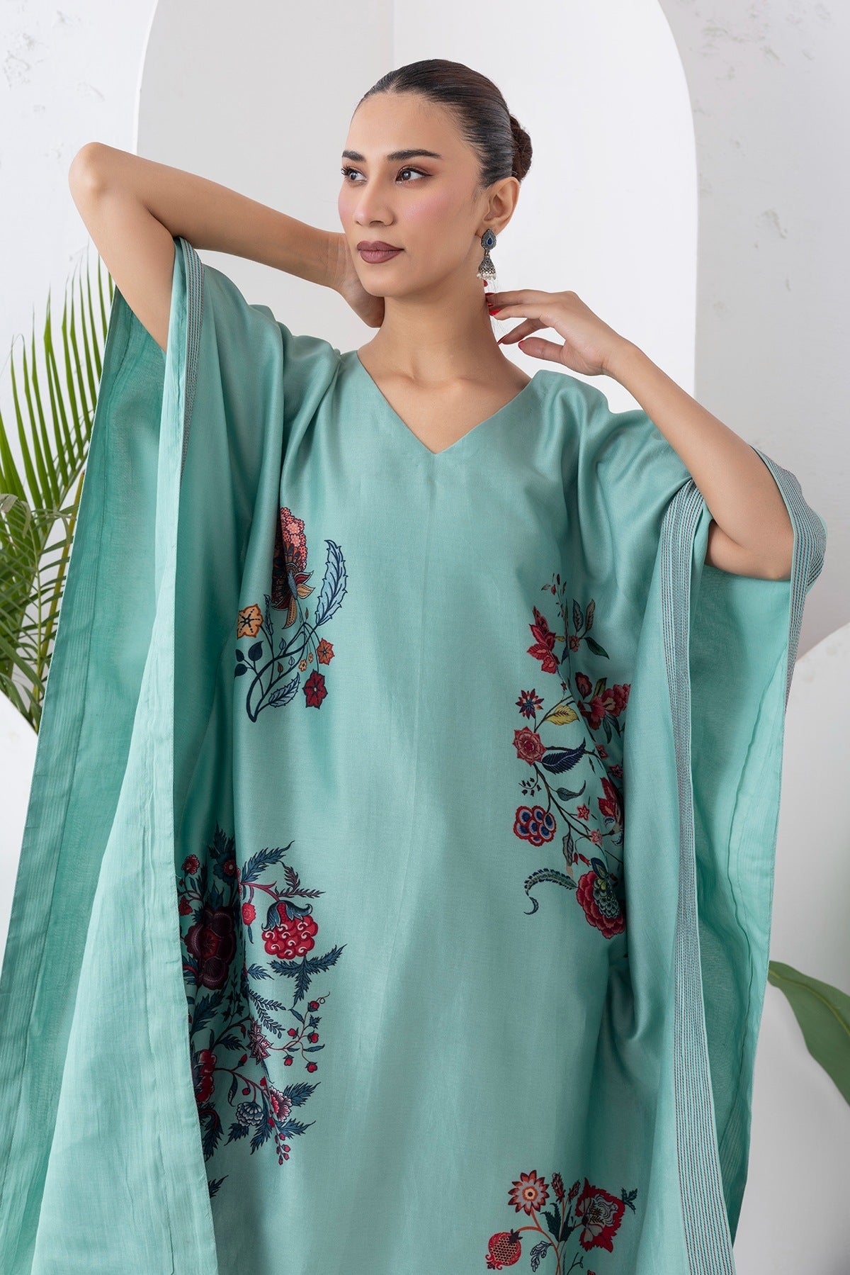 Mint Silk Chanderi Chintz Printed Kaftan Set (2 PCS)