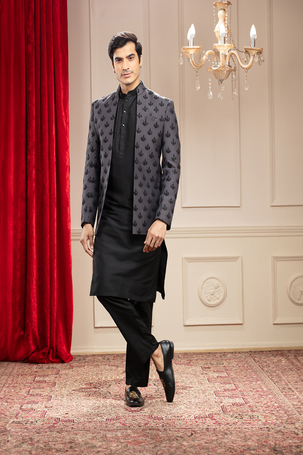 Onyx Black And Iron Grey Open Jodhpuri With Sequin Work - Auraya Fashion - Riyaasat Men - #tag1# - #tag2# - #tag3# - #tag3#