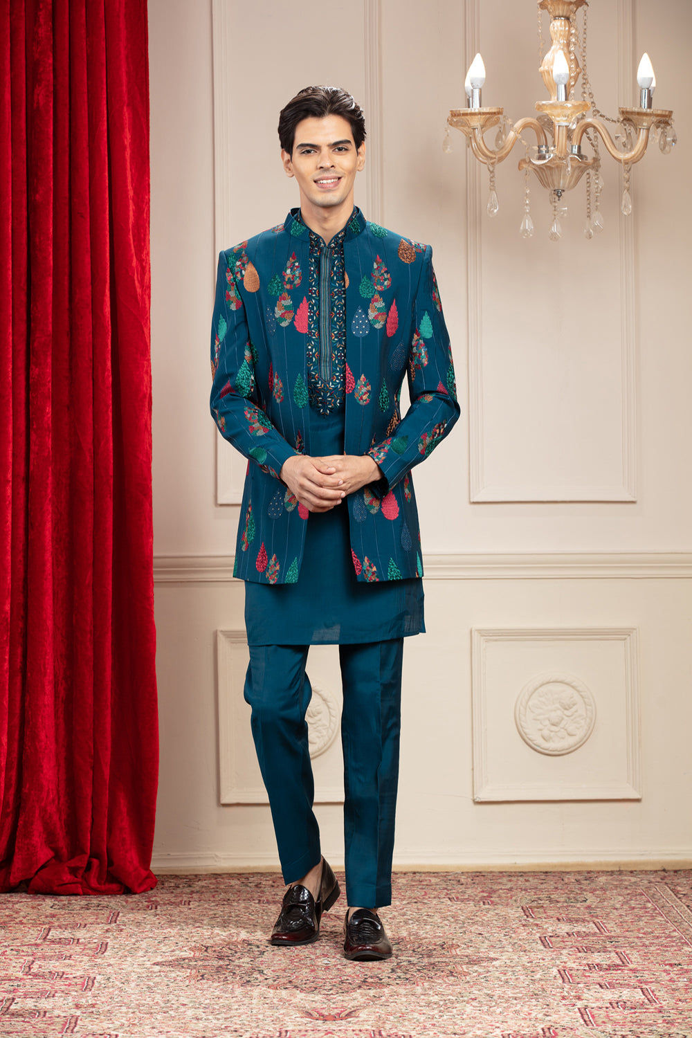 Prussian Blue Open Jodhpuri Set With Resham And Computer Embroidery