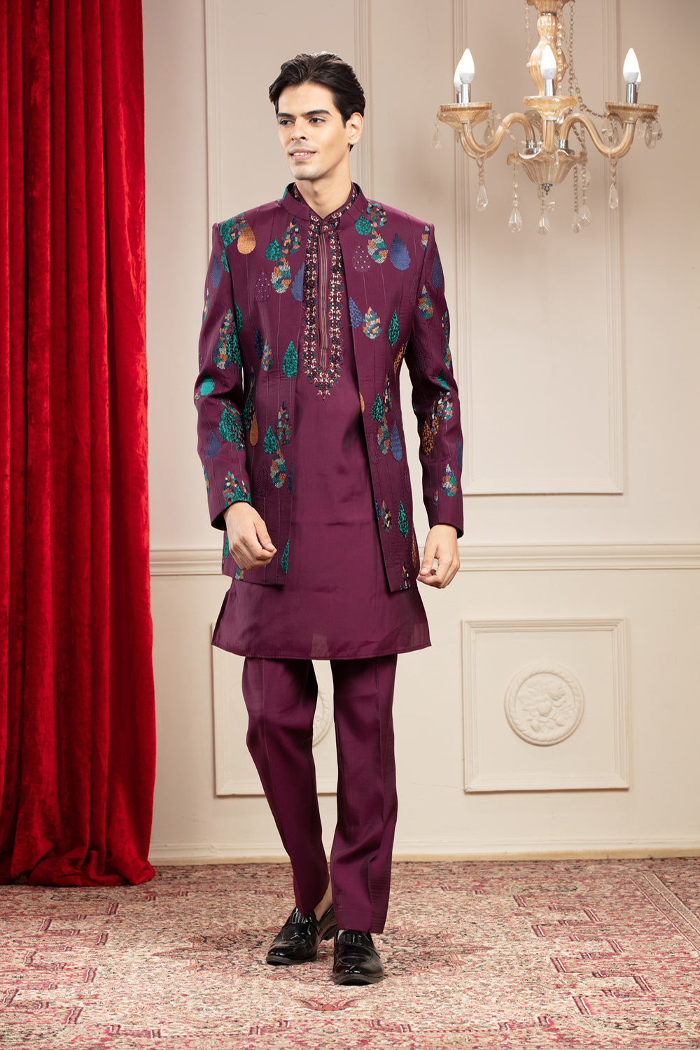 Maroon Open Jodhpuri Set With Resham And Computer Embroidery