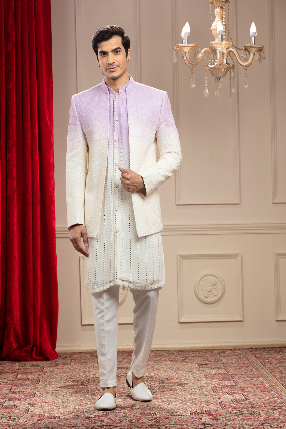 Lilac Ombre Open Jodhpuri With Sequins And Resham Thread Work - Auraya Fashion - Riyaasat Men - #tag1# - #tag2# - #tag3# - #tag3#