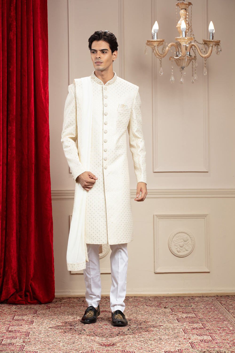 Alabaster White Lucknowi Sherwani With Matching Dupatta And Embellishments