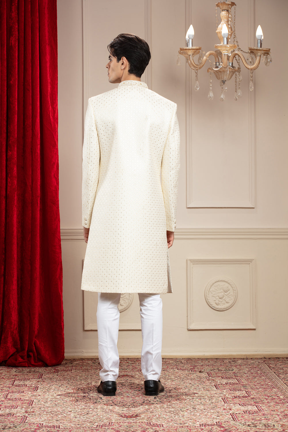 Alabaster White Lucknowi Sherwani With Matching Dupatta And Embellishments