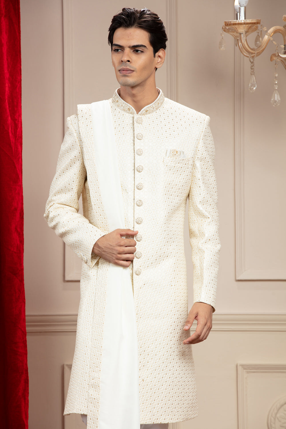 Alabaster White Lucknowi Sherwani With Matching Dupatta And Embellishments