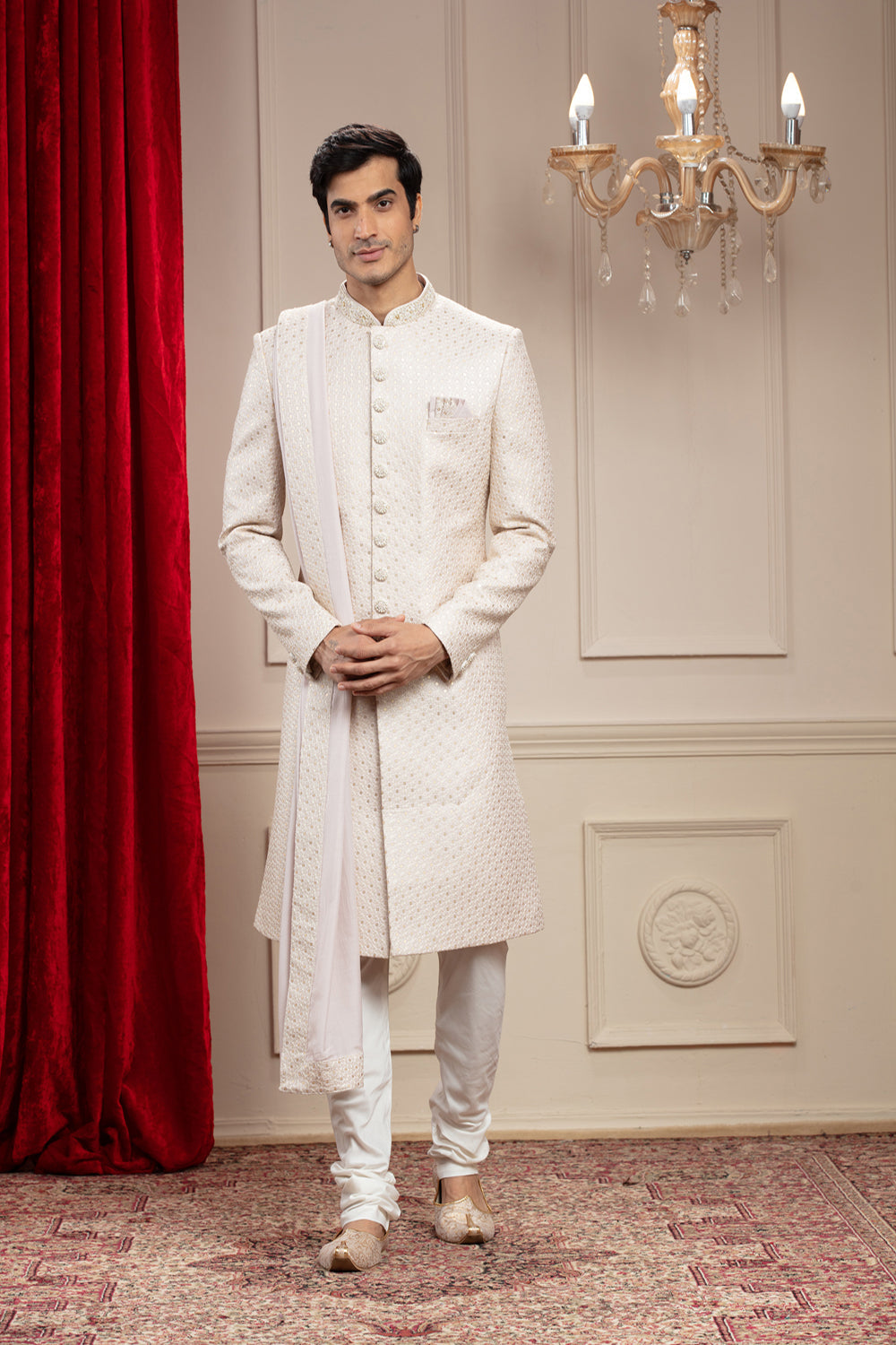 Porcelain White Lucknowi Sherwani With Matching Dupatta And Embellishments